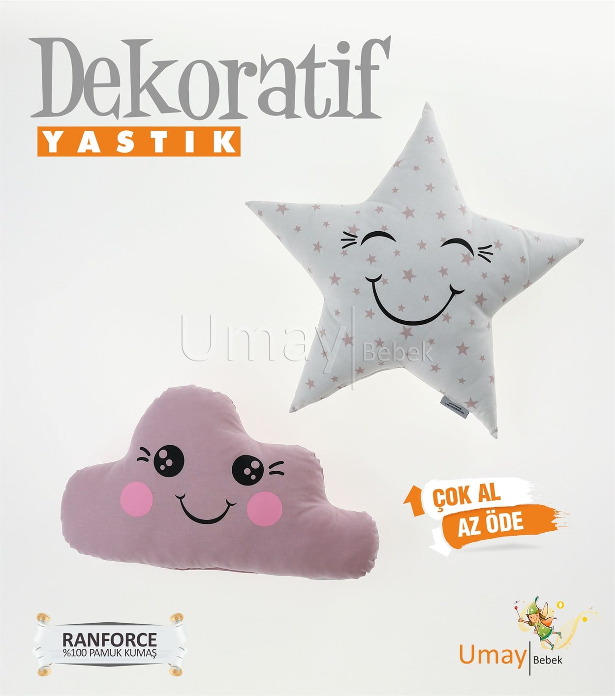 Umay Bebek2'li Dekoratif Bebek Yastığı %100 Pamuklu Kumaş - Gözü Açık Yıldız - Pudra