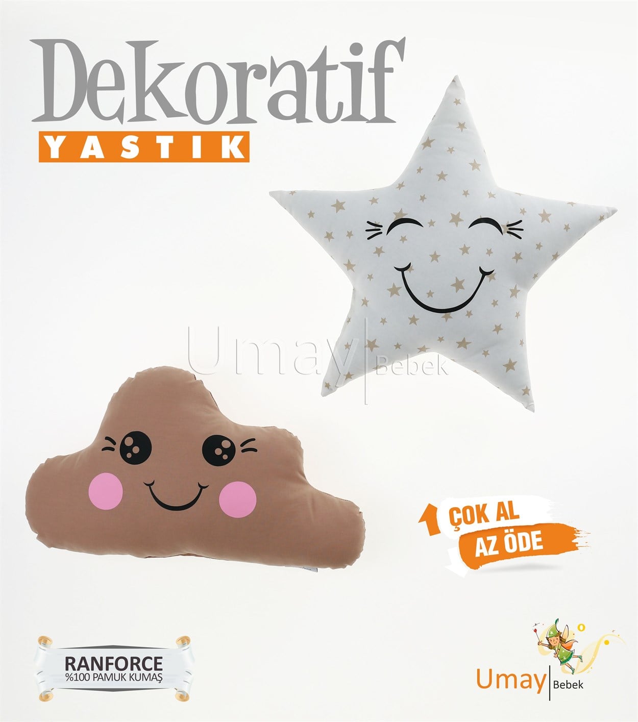Umay Bebek2'li Dekoratif Bebek Yastığı %100 Pamuklu Kumaş - Gözü Açık Yıldız - Kahve