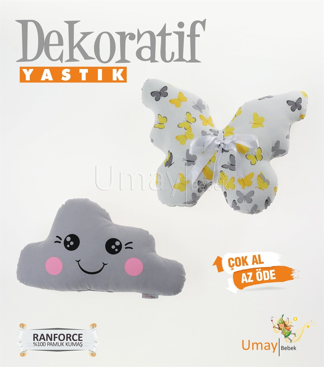 Umay Bebek2'li Dekoratif Bebek Yastığı %100 Pamuklu Kumaş - Gözü Açık Kelebek - Sarı/Gri