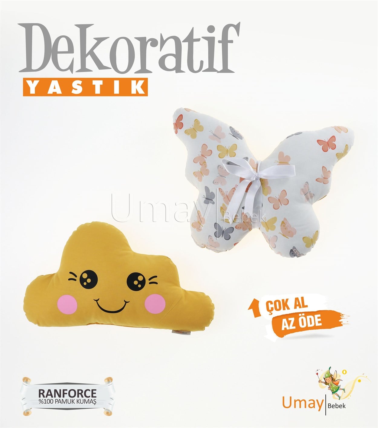 Umay Bebek2'li Dekoratif Bebek Yastığı %100 Pamuklu Kumaş - Gözü Açık Kelebek - Hardal
