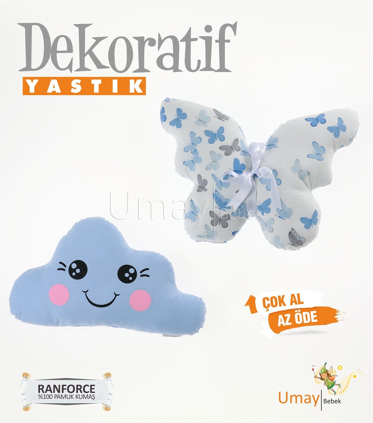 Umay Bebek2'li Dekoratif Bebek Yastığı %100 Pamuklu Kumaş - Gözü Açık Kelebek - Mavi