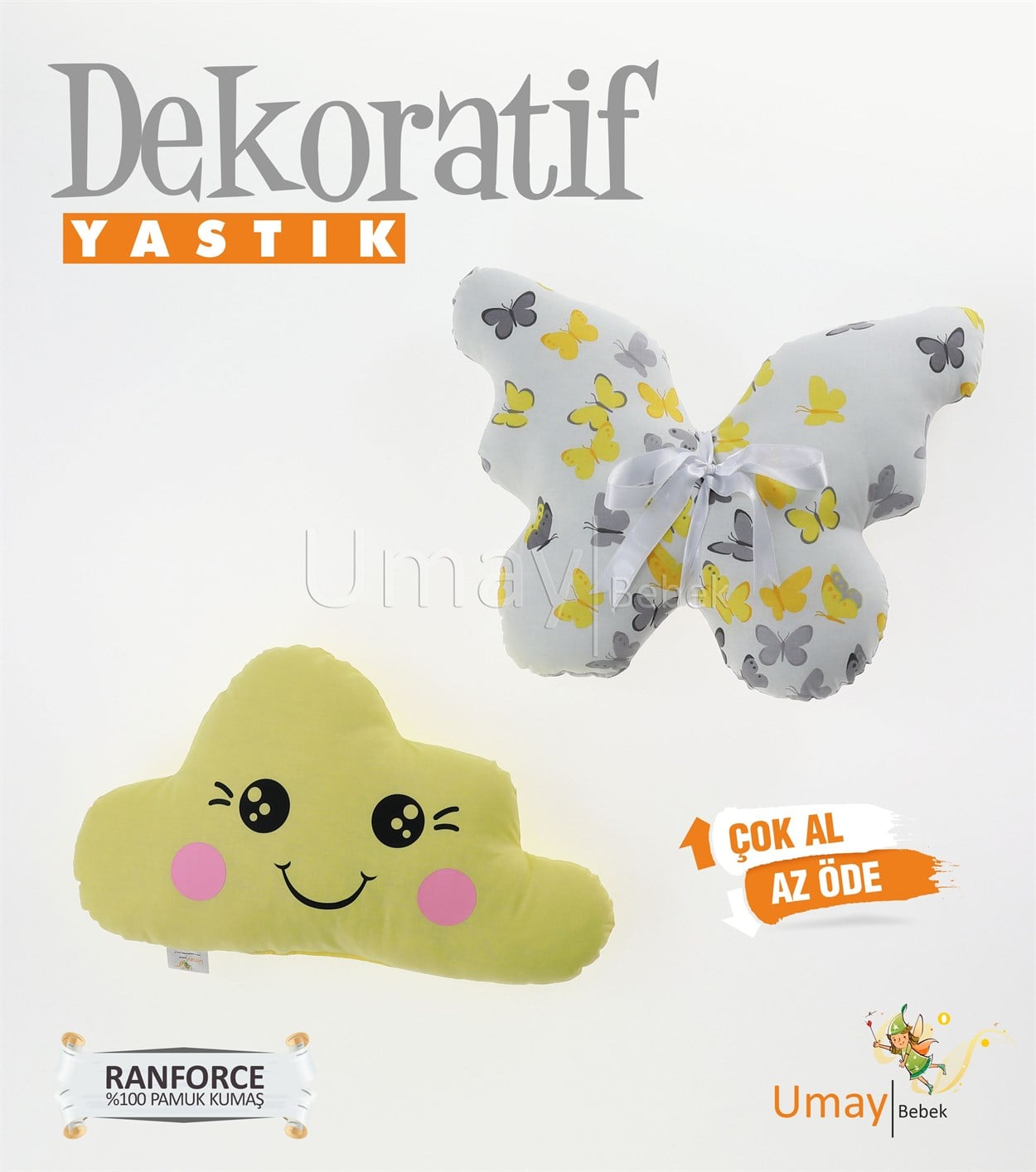 Umay Bebek2'li Dekoratif Bebek Yastığı %100 Pamuklu Kumaş - Gözü Açık Kelebek - Sarı