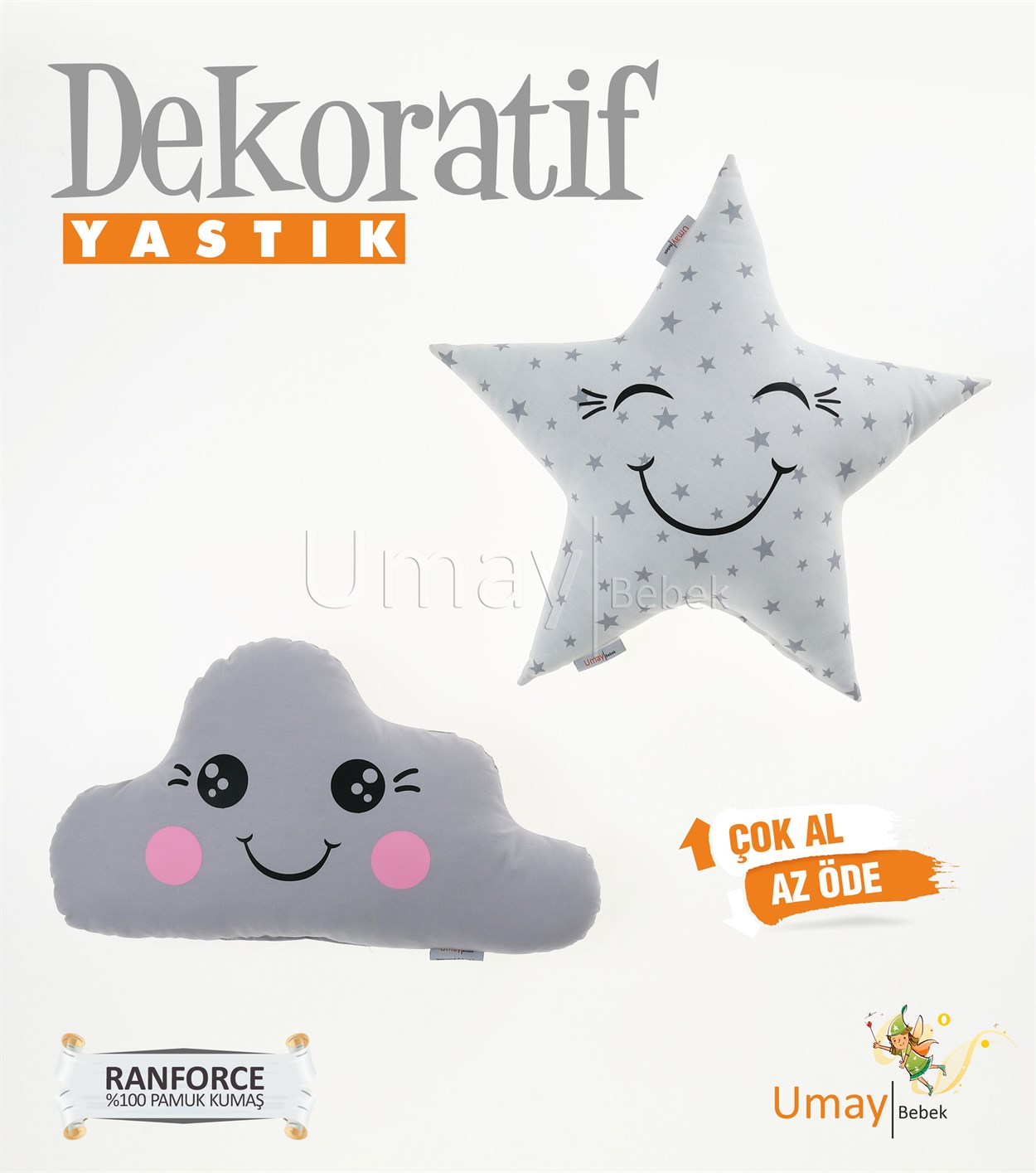 Umay Bebek2'li Dekoratif Bebek Yastığı %100 Pamuklu Kumaş - Gözü Açık Yıldız - Gri