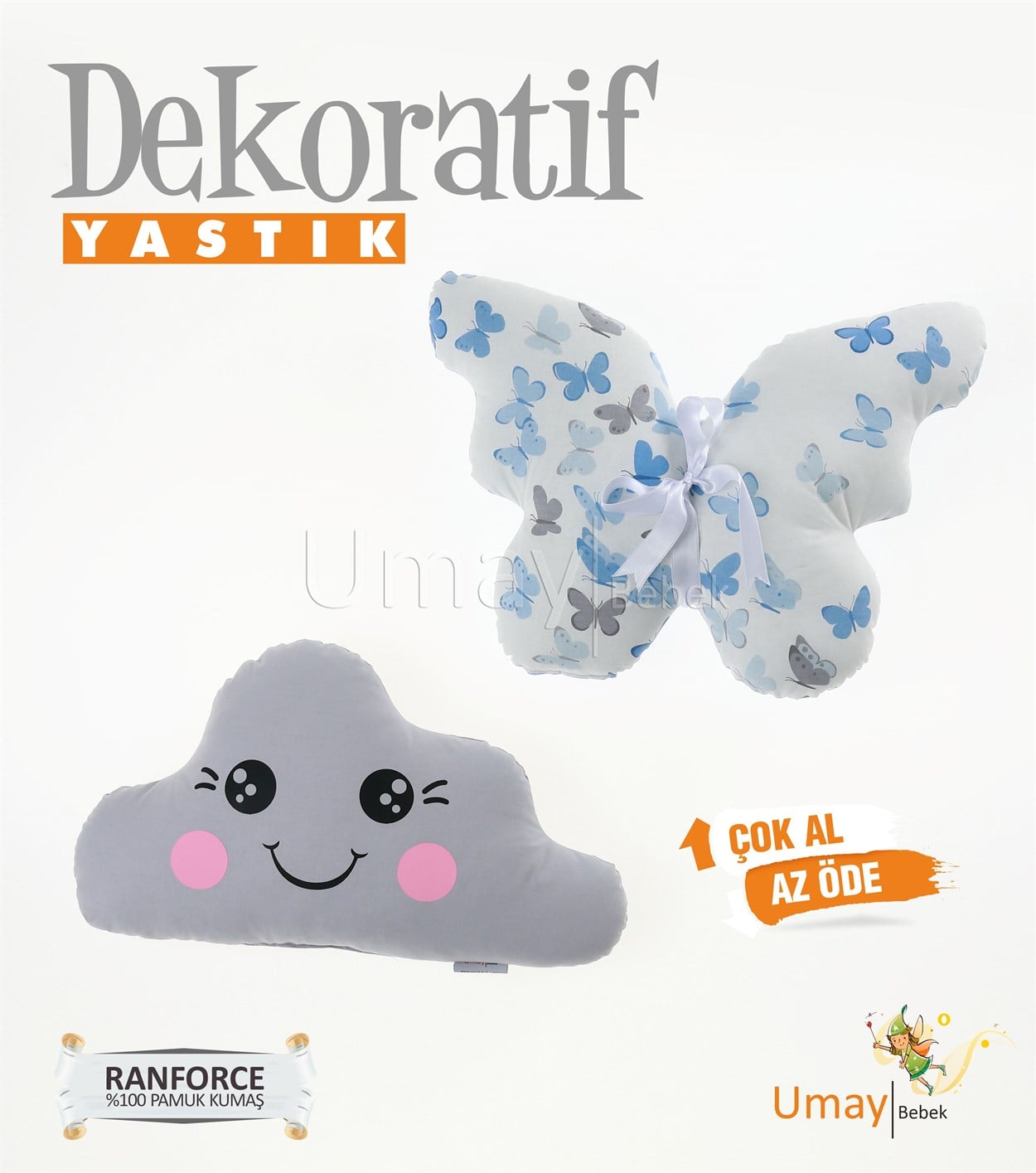Umay Bebek2'li Dekoratif Bebek Yastığı %100 Pamuklu Kumaş - Gözü Açık Kelebek - Mavi/Gri
