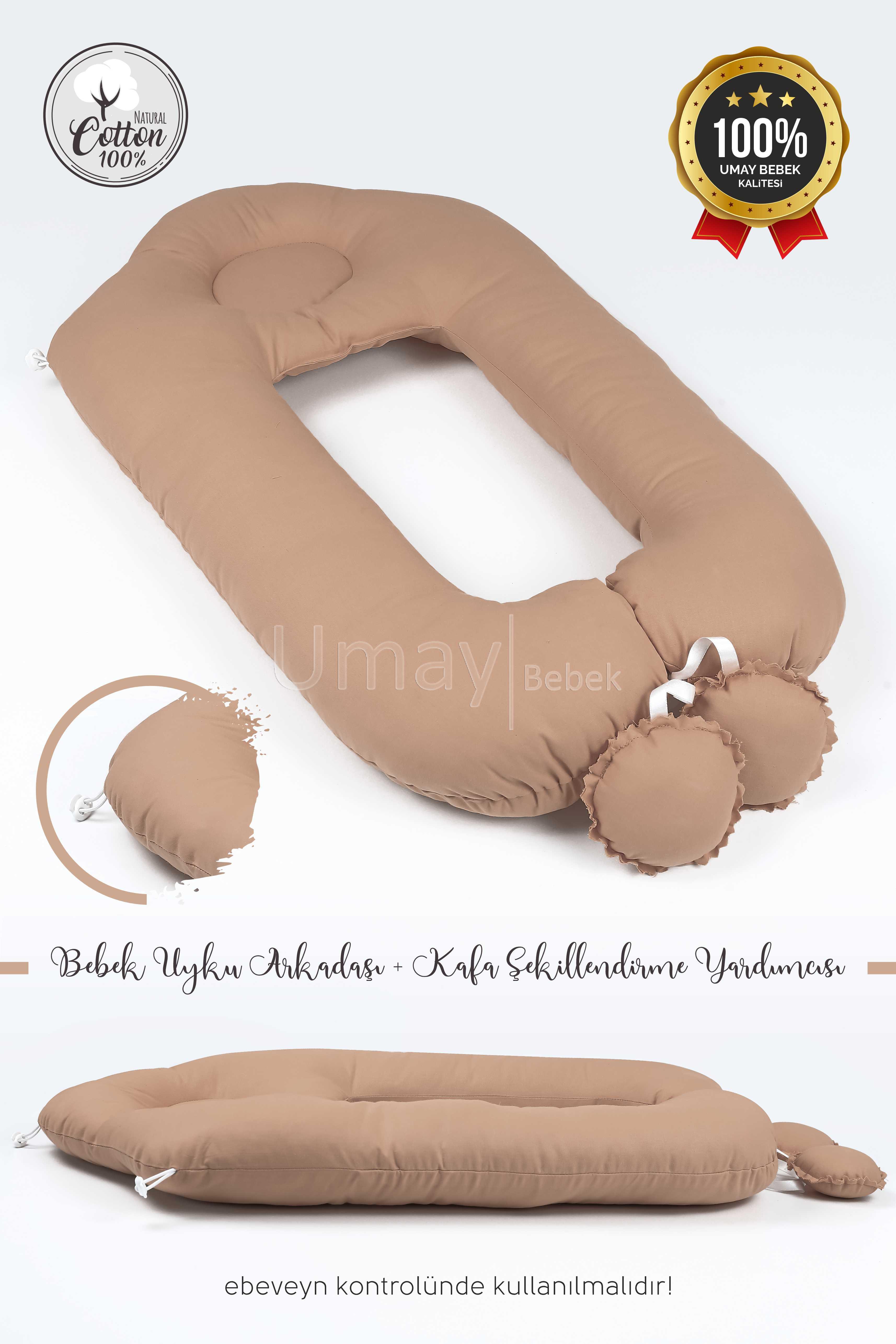 Umay Bebek2'si 1 Arada Bebek Sarılma Ve Şekillendirme Yastığı, Düz Kafa Yastığı %100 Pamuk Kumaş - Kahve