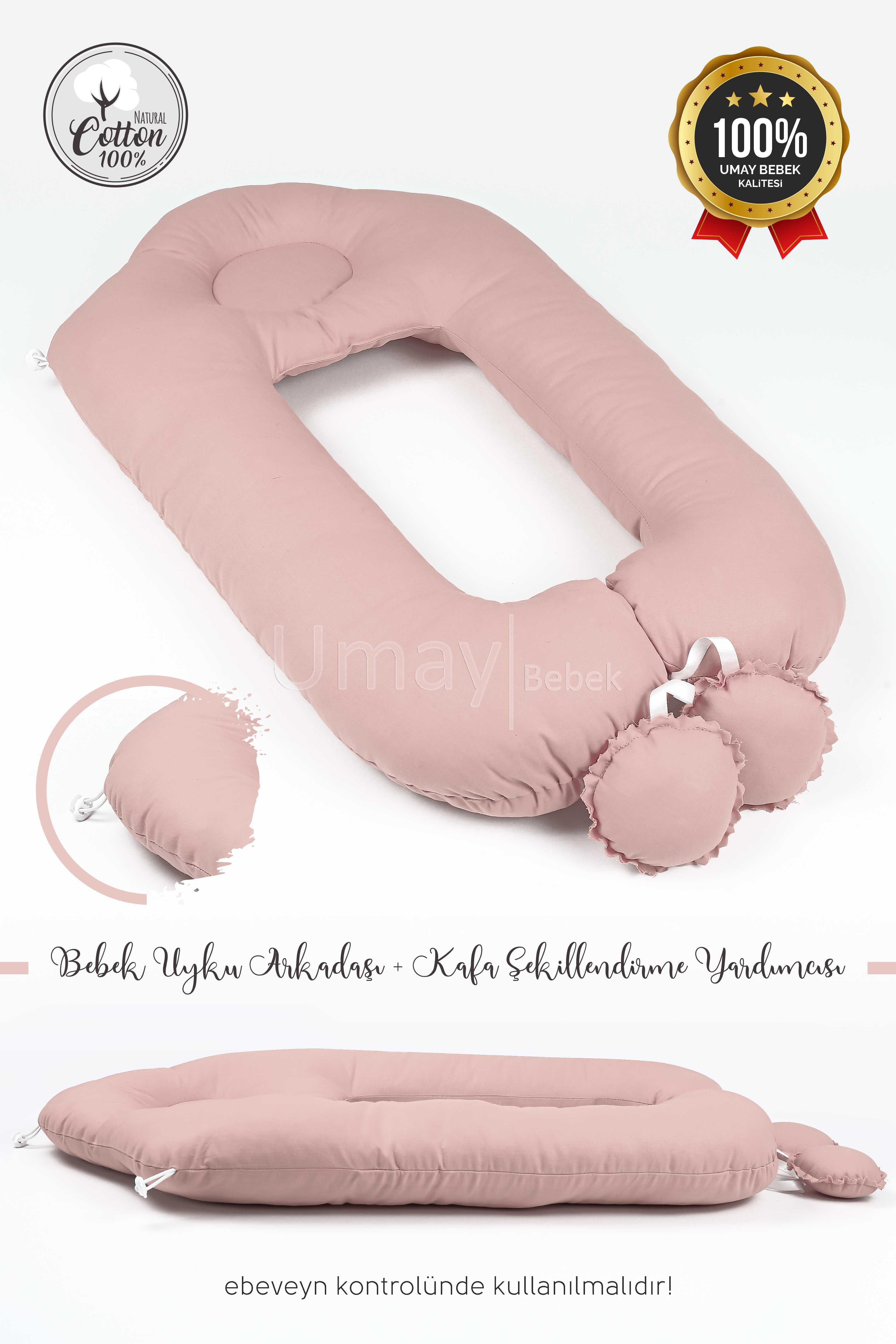 Umay Bebek2'si 1 Arada Bebek Sarılma Ve Şekillendirme Yastığı, Düz Kafa Yastığı %100 Pamuk Kumaş - Pudra