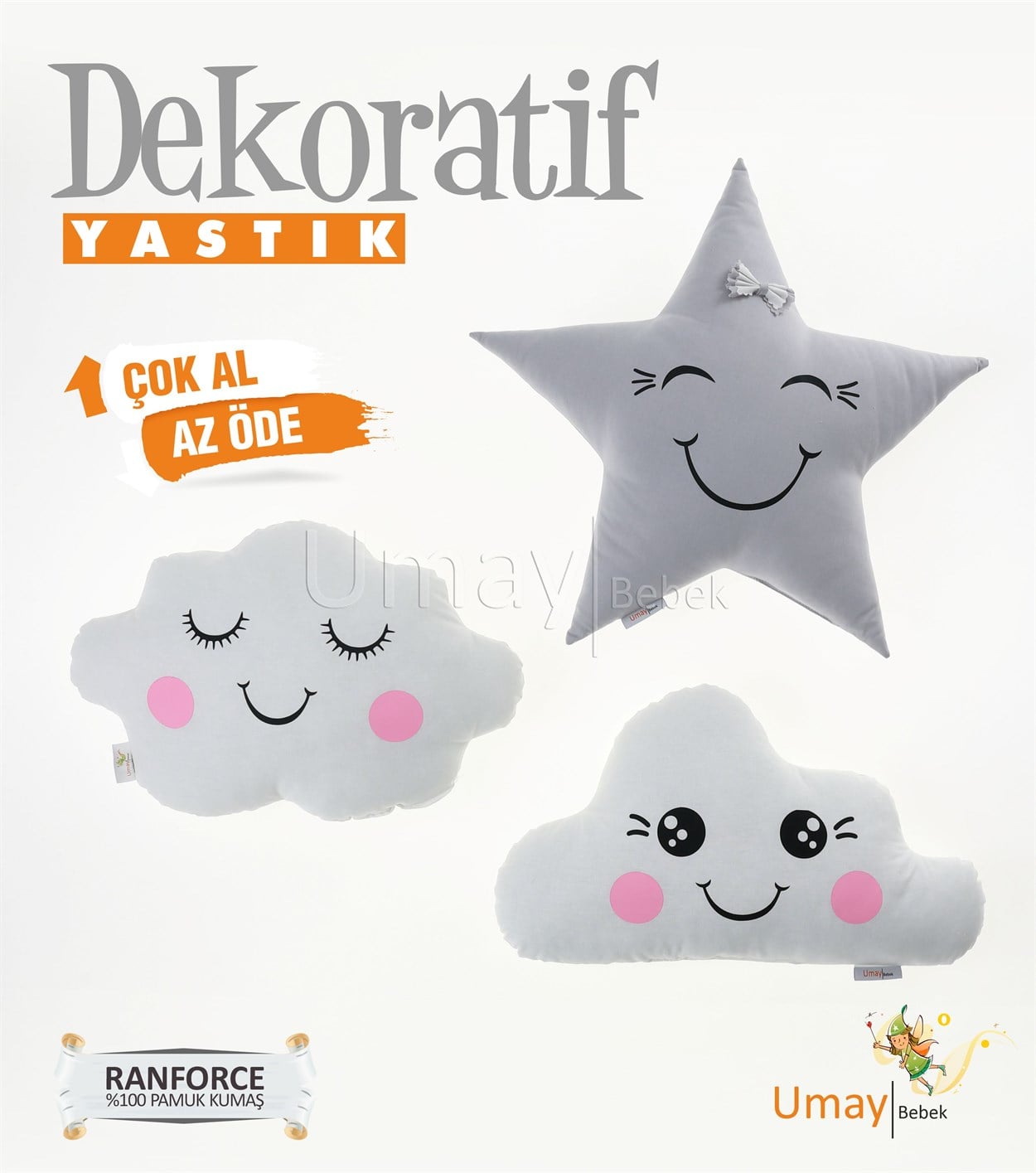 Umay Bebek3'lü Dekoratif Bebek Yastığı %100 Pamuklu Kumaş - Yıldız Fiyonklu
