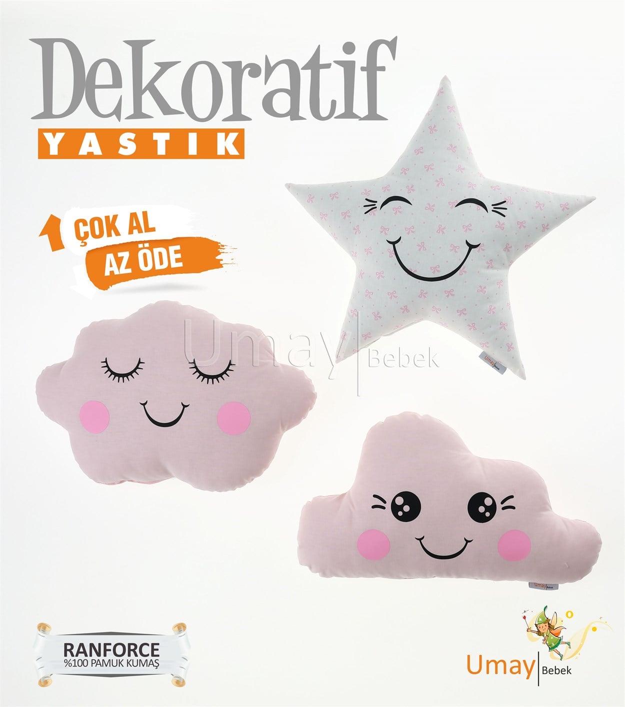 Umay Bebek3'lü Dekoratif Bebek Yastığı %100 Pamuklu Kumaş - Yıldız Bebepembe