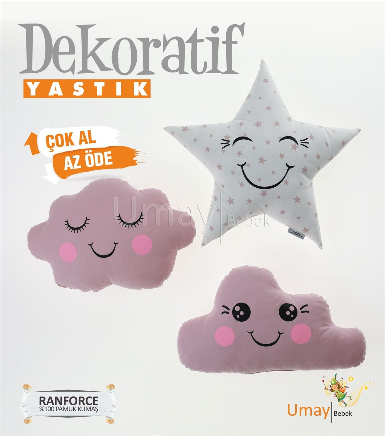 Umay Bebek3'lü Dekoratif Bebek Yastığı %100 Pamuklu Kumaş - Yıldız Pudra