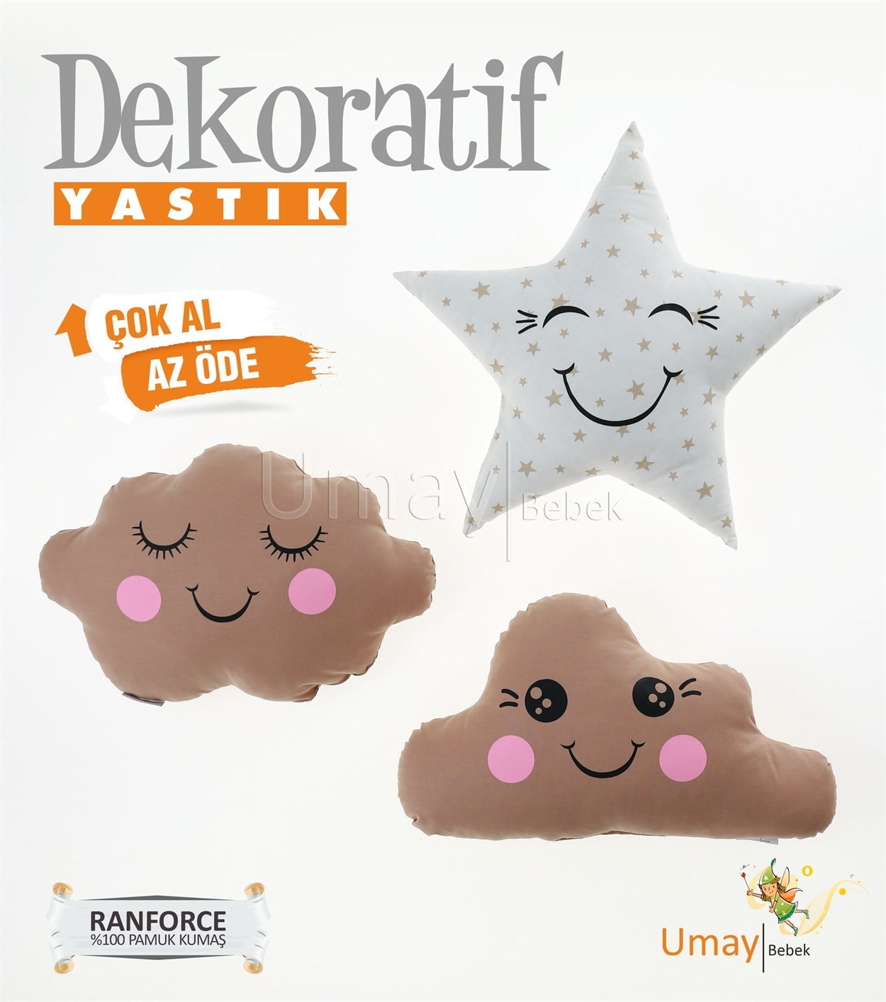 Umay Bebek3'lü Dekoratif Bebek Yastığı %100 Pamuklu Kumaş - Yıldız Kahve