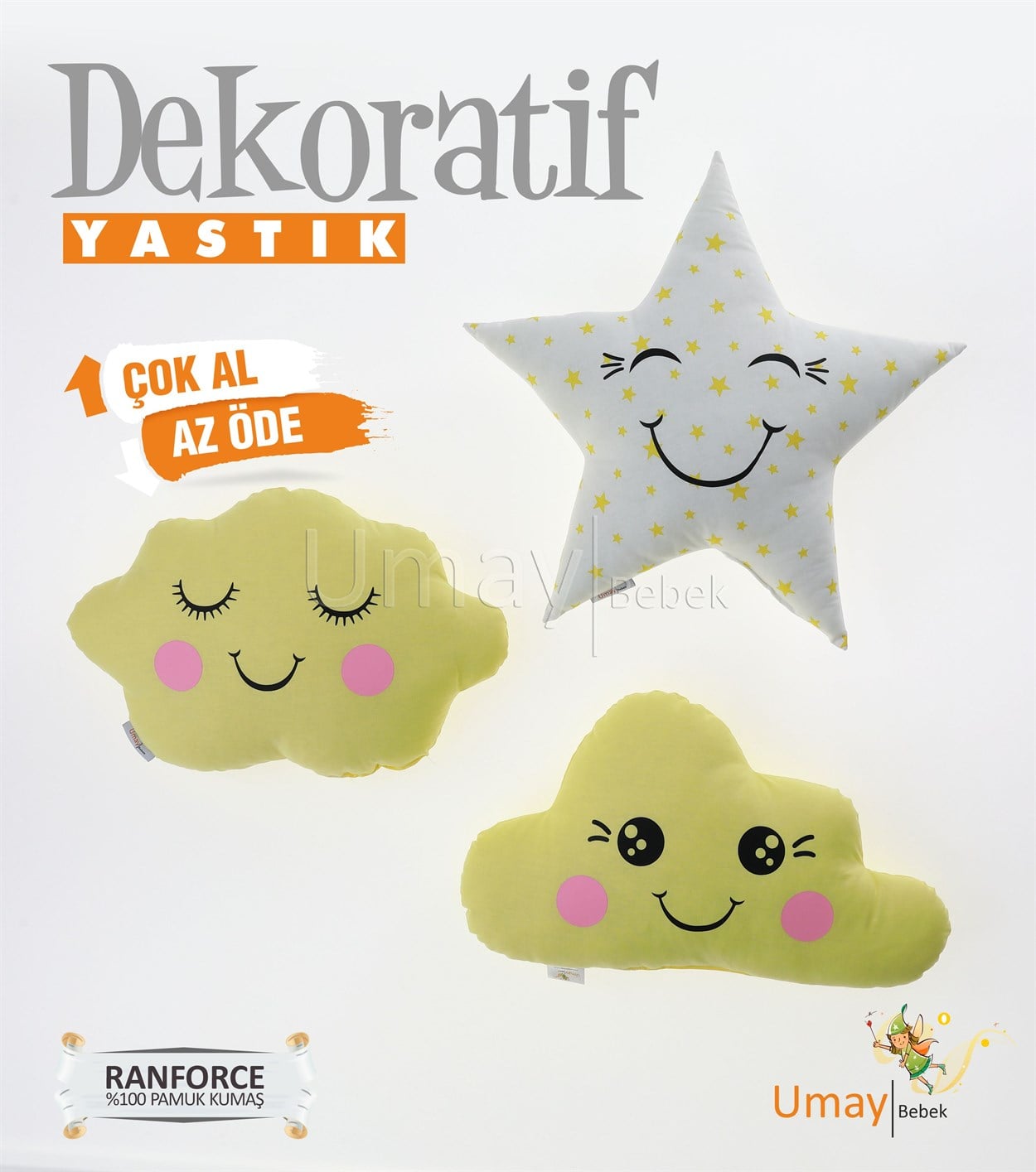 Umay Bebek3'lü Dekoratif Bebek Yastığı %100 Pamuklu Kumaş - Yıldız Sarı