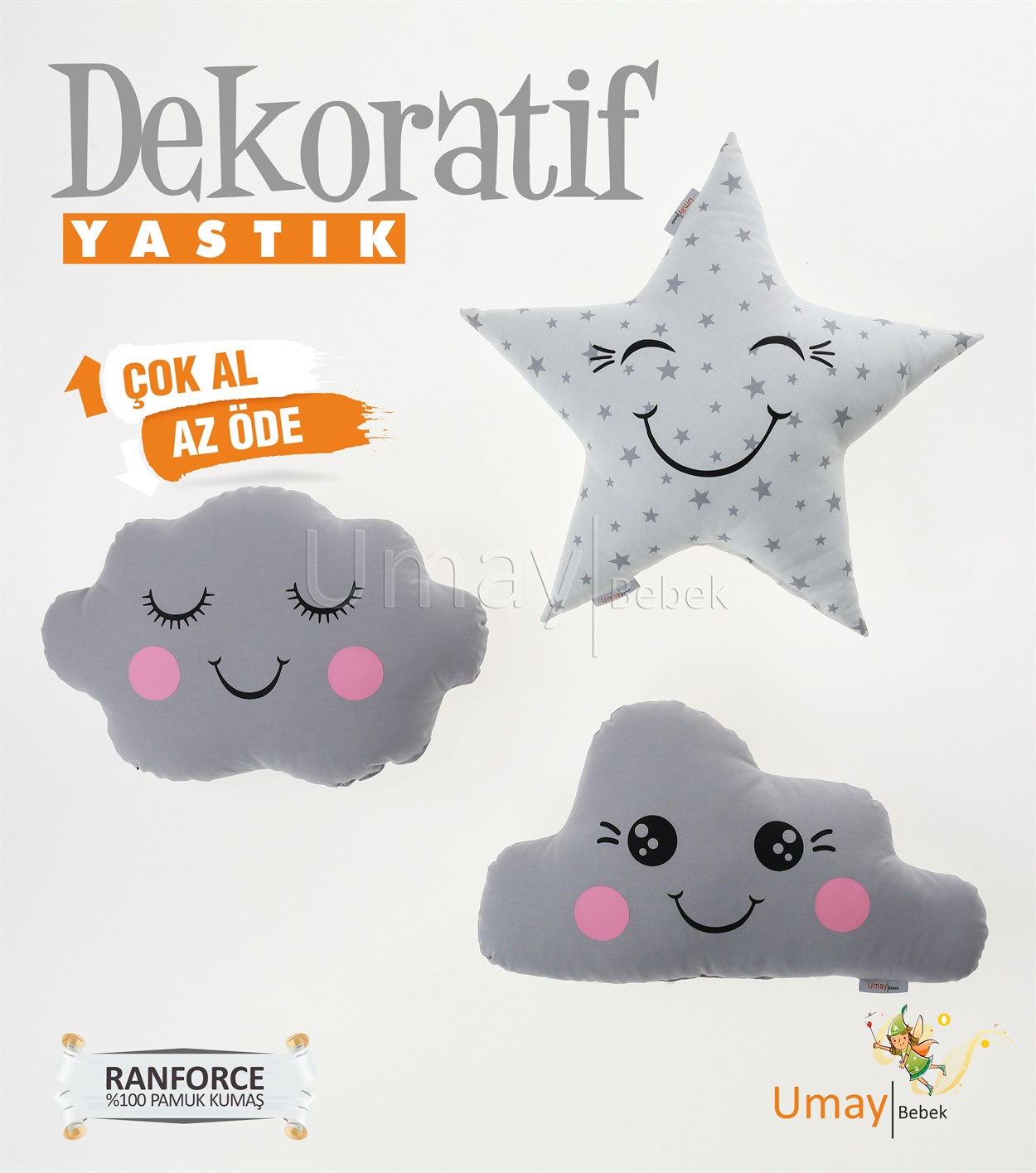 Umay Bebek3'lü Dekoratif Bebek Yastığı %100 Pamuklu Kumaş - Gri Yıldız