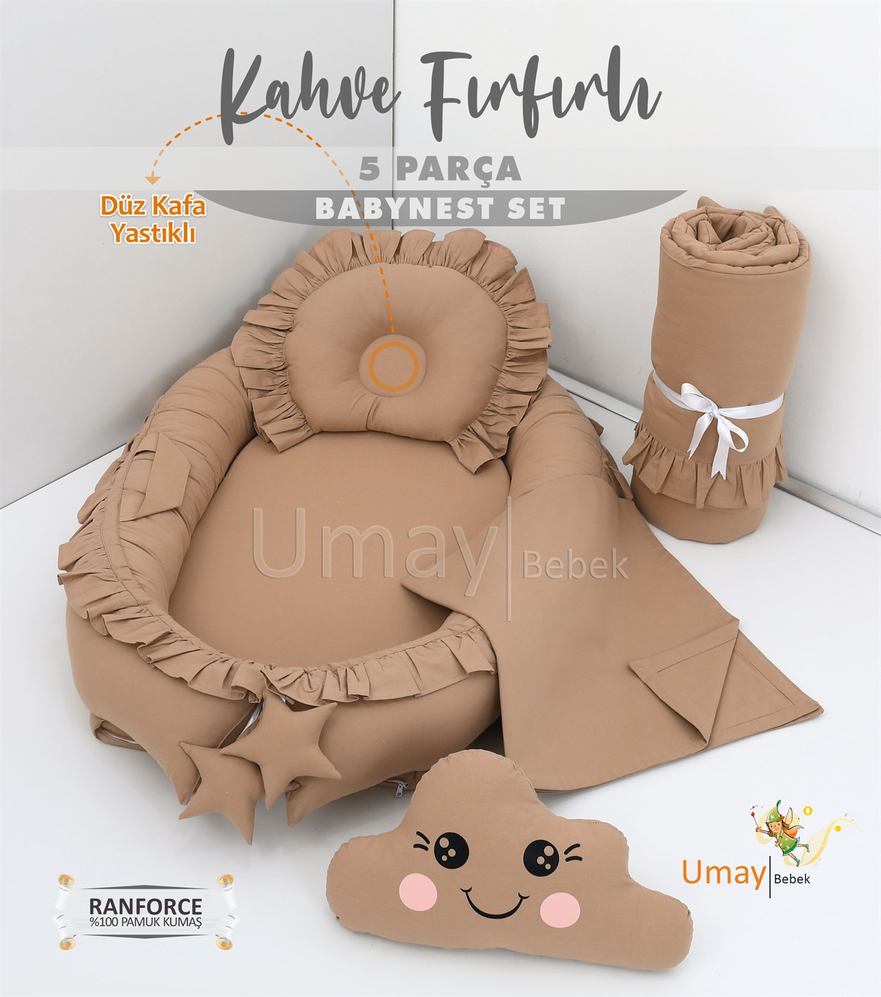 Umay Bebek5 parça Babynest, bebek pikesi, yorganı, dekoratif gülen yastık - Kahve Fırfırlı