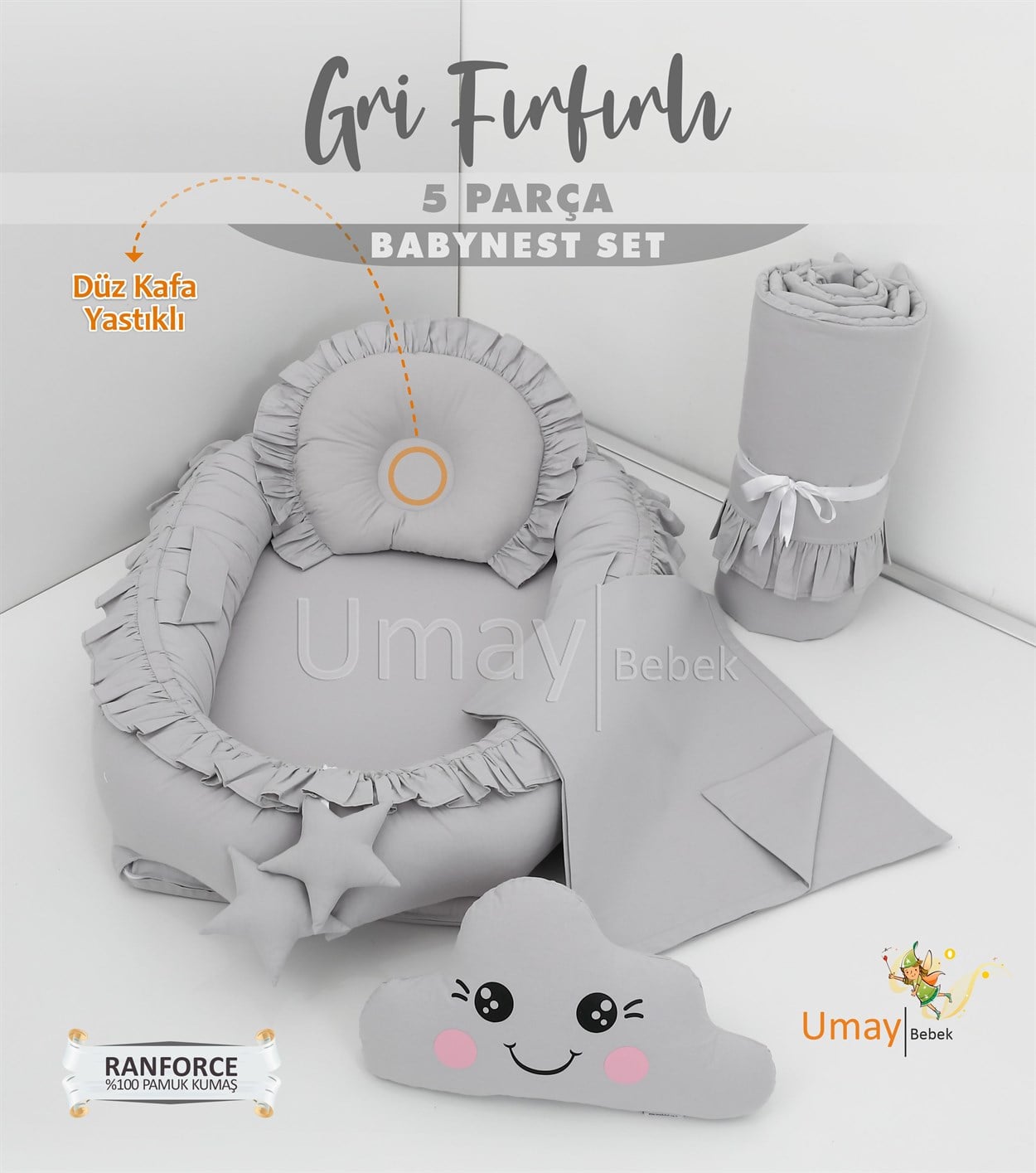 Umay Bebek5 parça Babynest, bebek pikesi, yorganı, dekoratif gülen yastık - Gri Fırfırlı