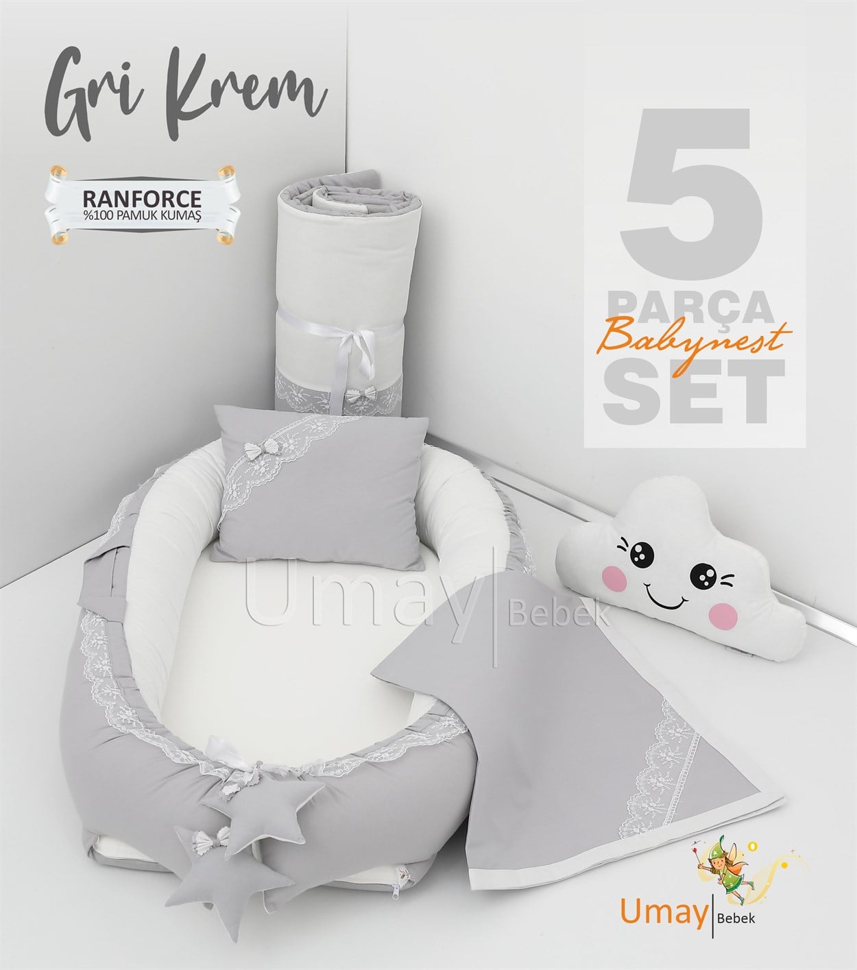Umay Bebek5 parça Babynest, bebek pikesi, yorganı, dekoratif gülen yastık - Gri Krem