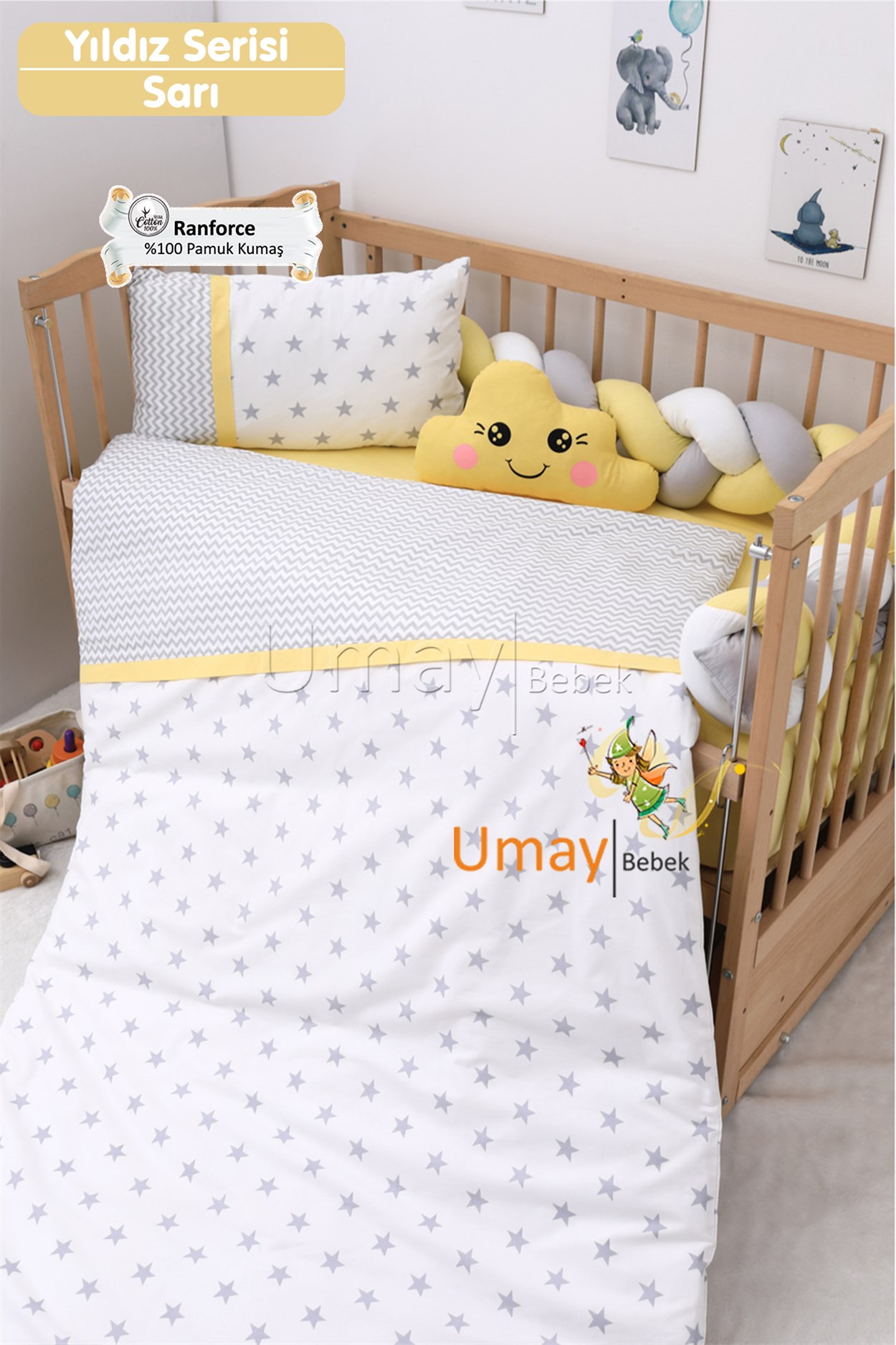 Umay BebekBebek Nevresim Takımı Lastikli Çarşaf %100 Pamuk Kumaş (Sarı Yıldız)