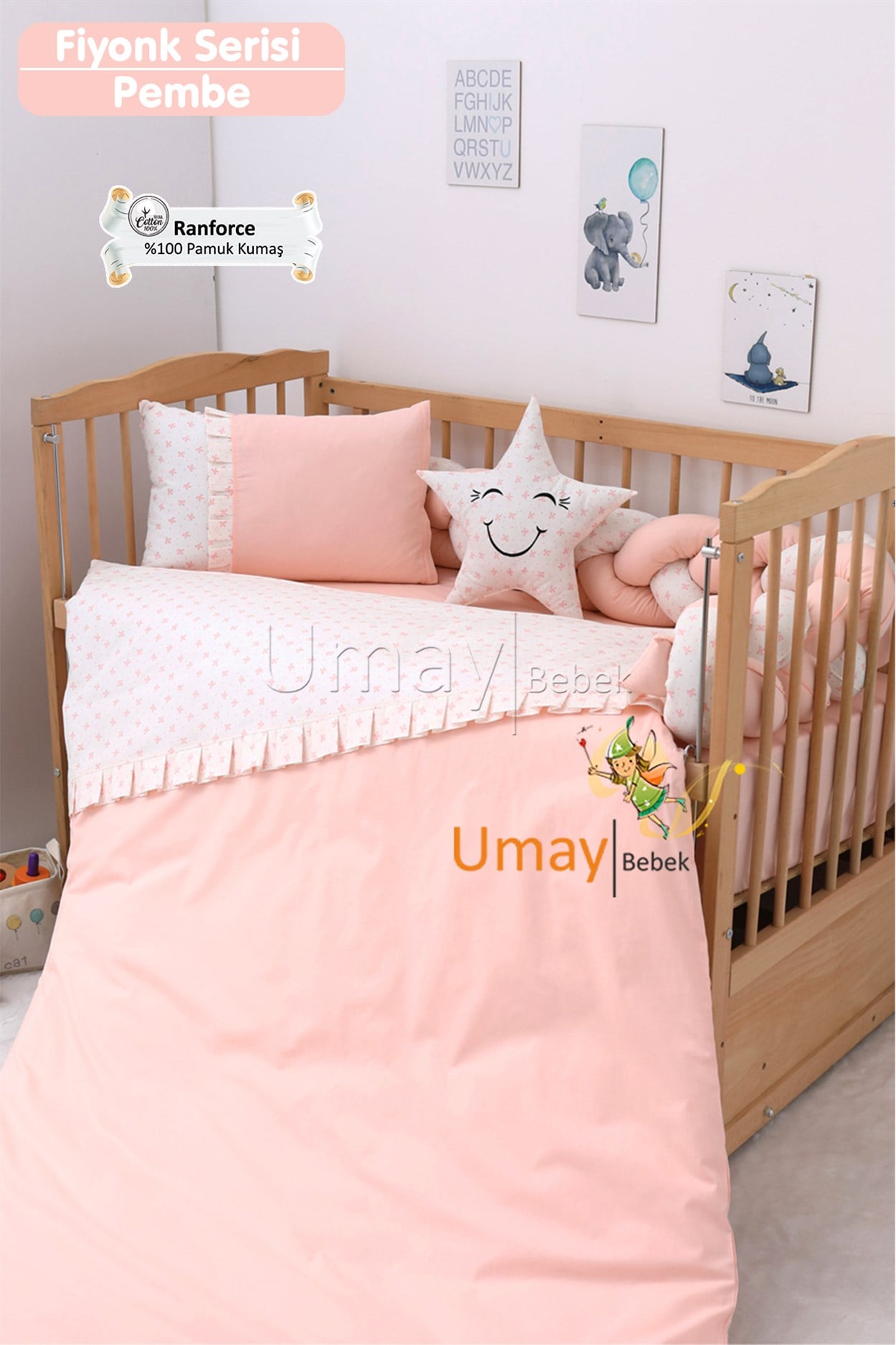 Umay BebekBebek Nevresim Takımı Lastikli Çarşaf %100 Pamuk Kumaş (Bebe Pembe)