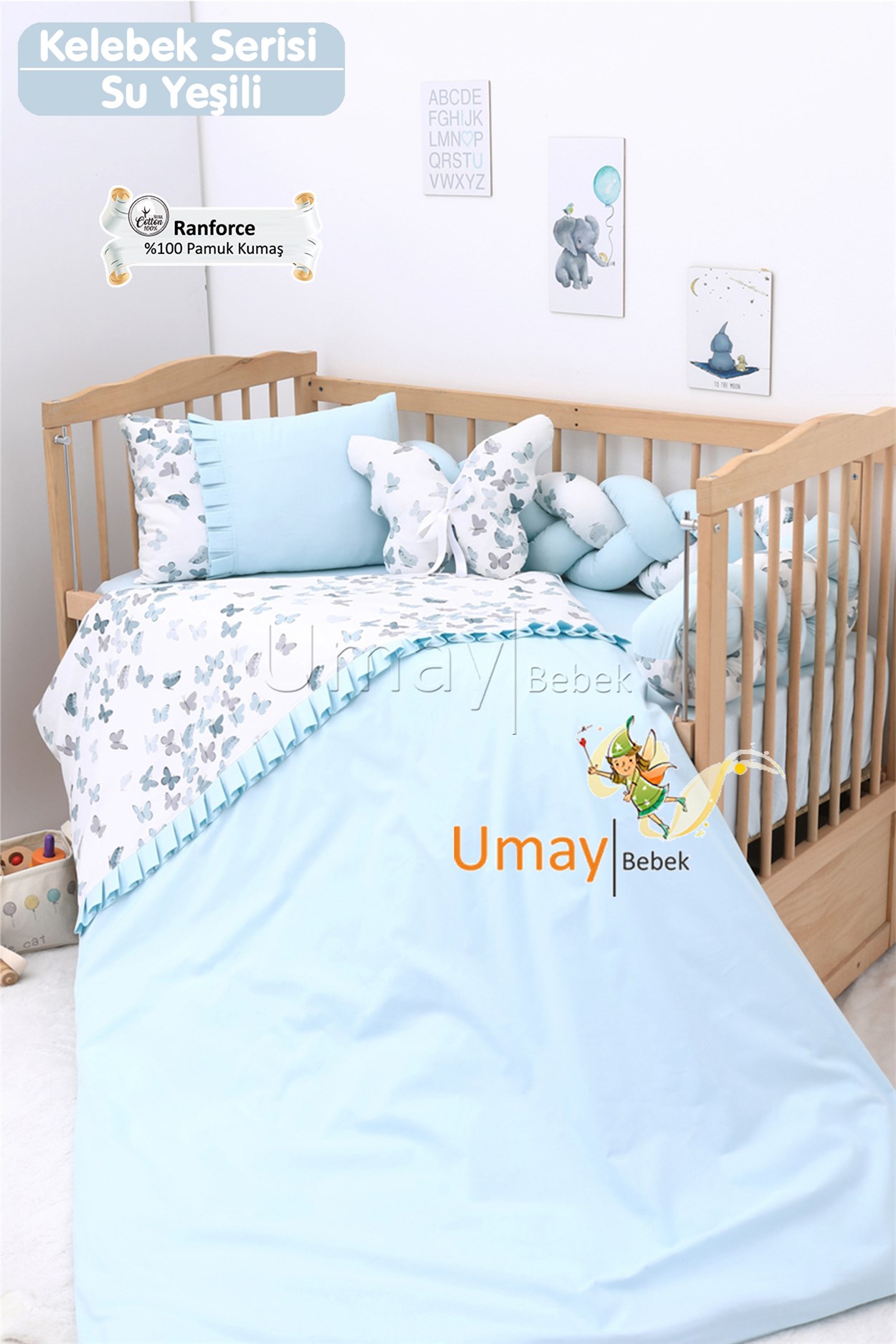 Umay BebekBebek Nevresim Takımı Lastikli Çarşaf %100 Pamuk Kumaş (Yeşil Kelebek)