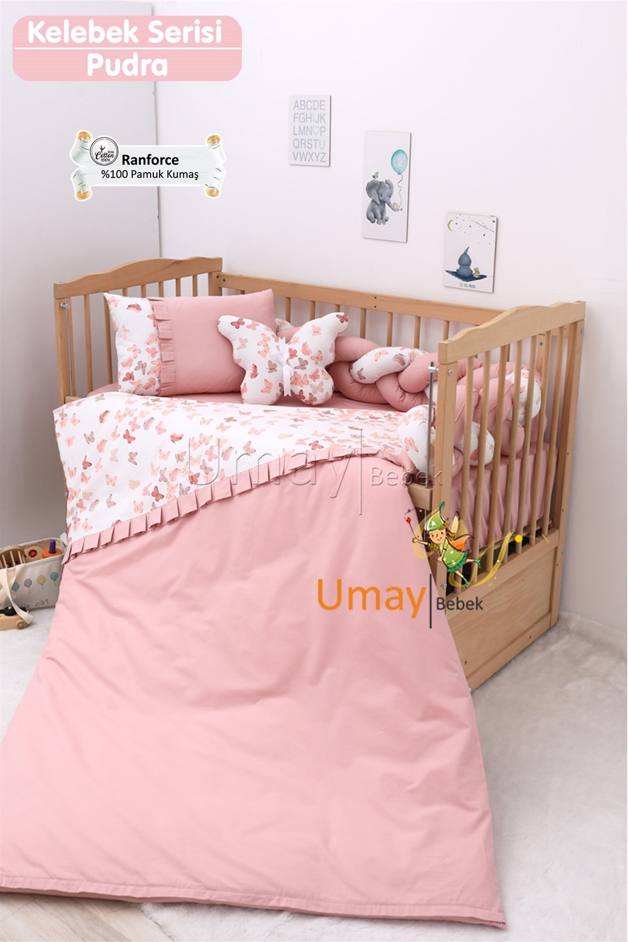Umay BebekBebek Nevresim Takımı Lastikli Çarşaf %100 Pamuk Kumaş (Pudra Kelebek)