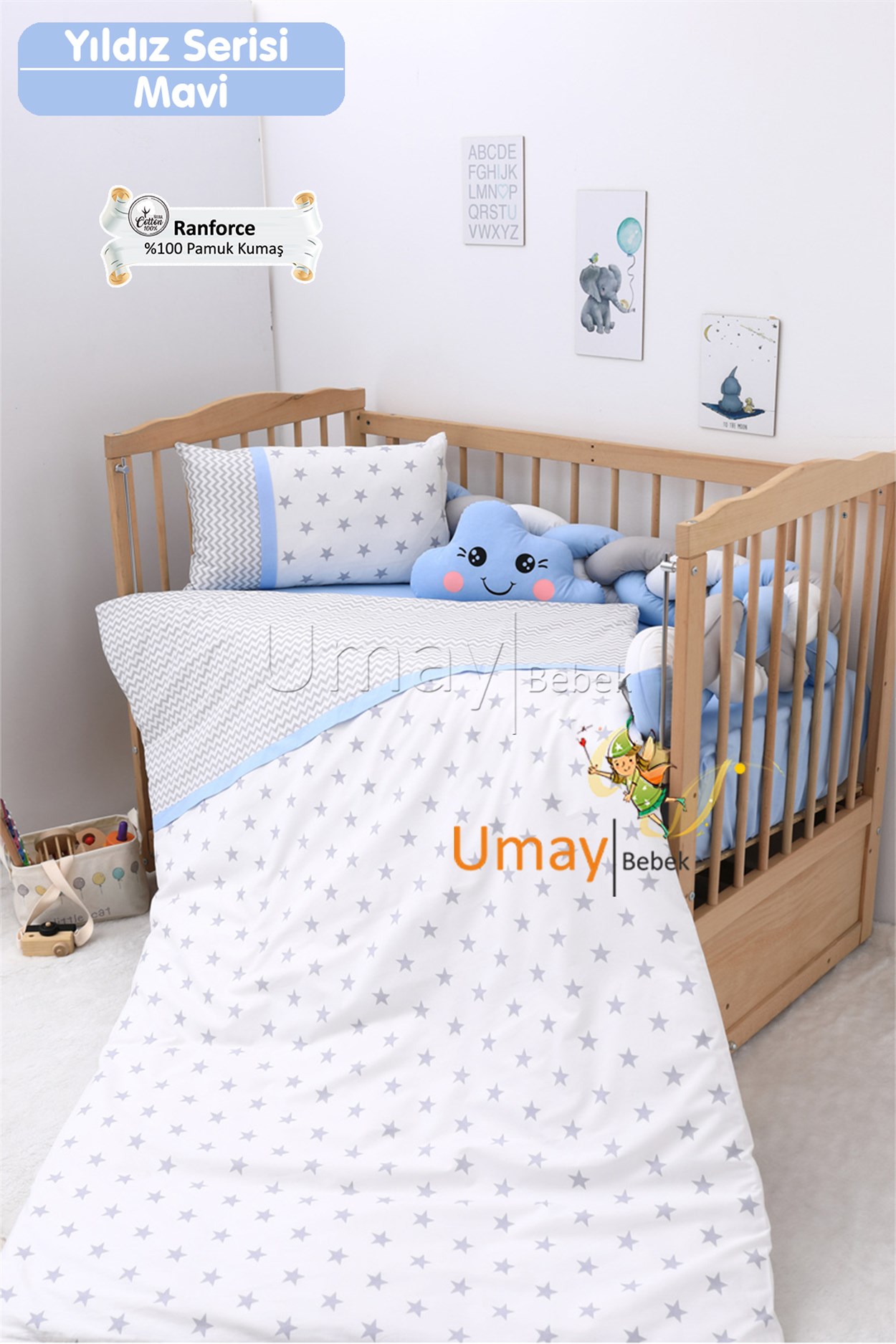 Umay BebekBebek Nevresim Takımı Lastikli Çarşaf %100 Pamuk Kumaş (Mavi Yıldız)