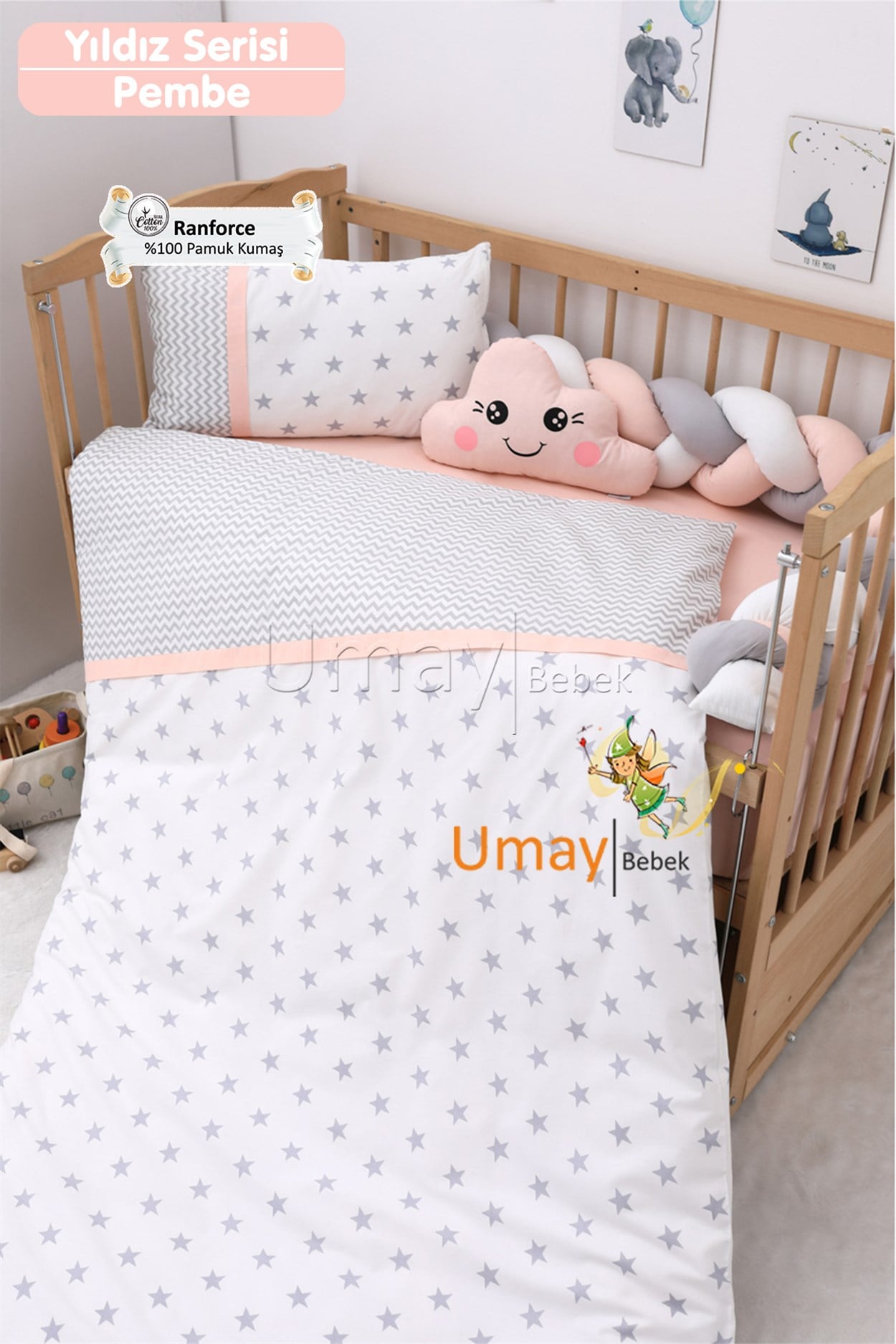 Umay BebekBebek Nevresim Takımı Lastikli Çarşaf %100 Pamuk Kumaş (Pembe Yıldız)