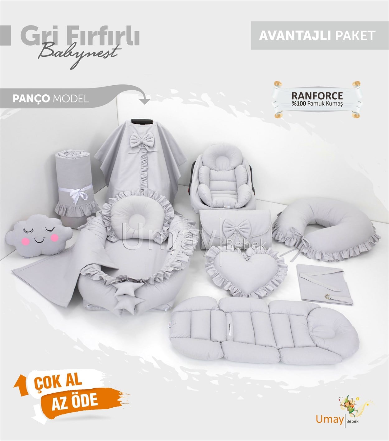 Umay BebekGri Fırfırlı Komple Set (Tutmalı)