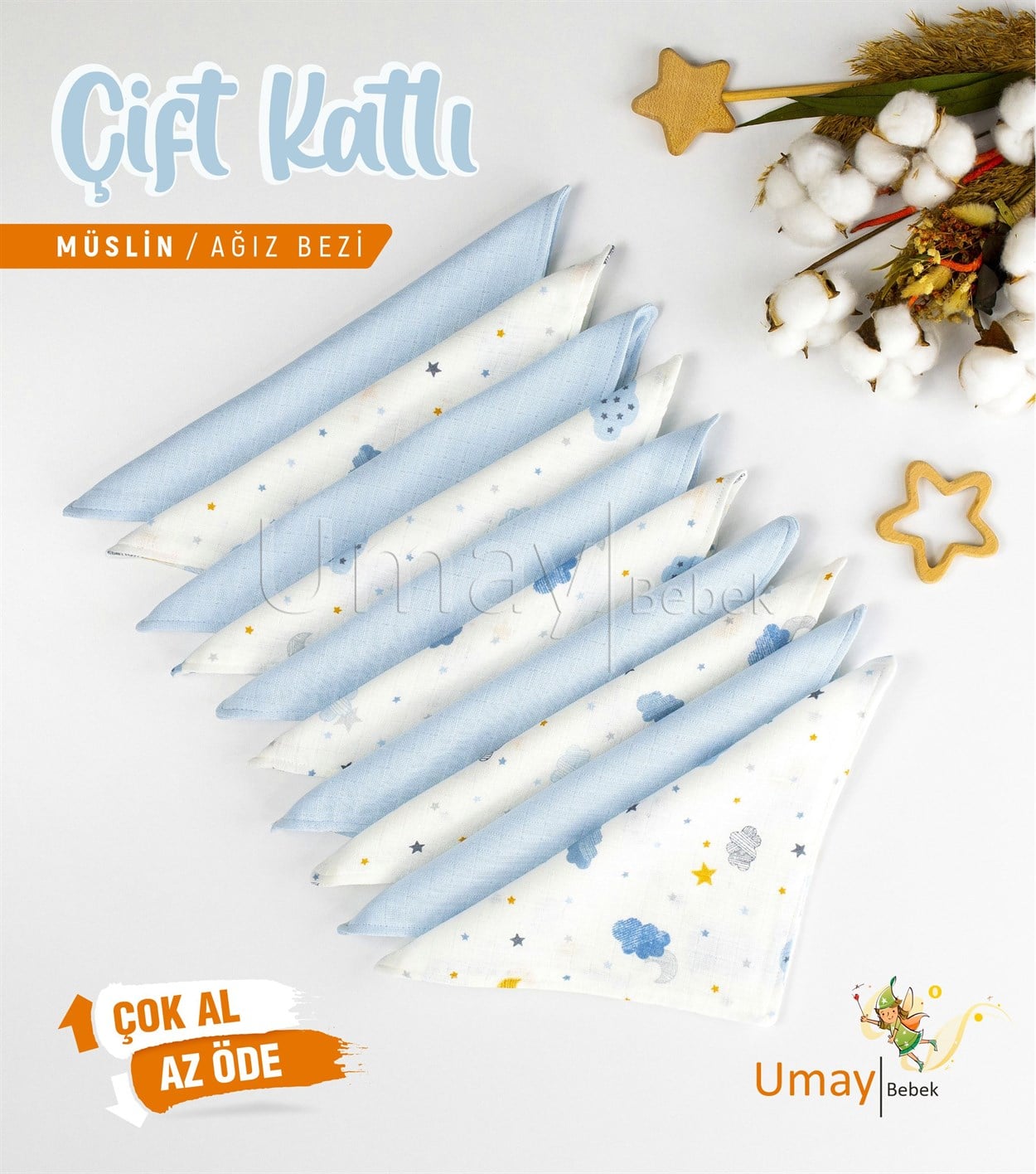 Umay Bebek10'lu Müslin Ağız Bezi - Mavi Bulut
