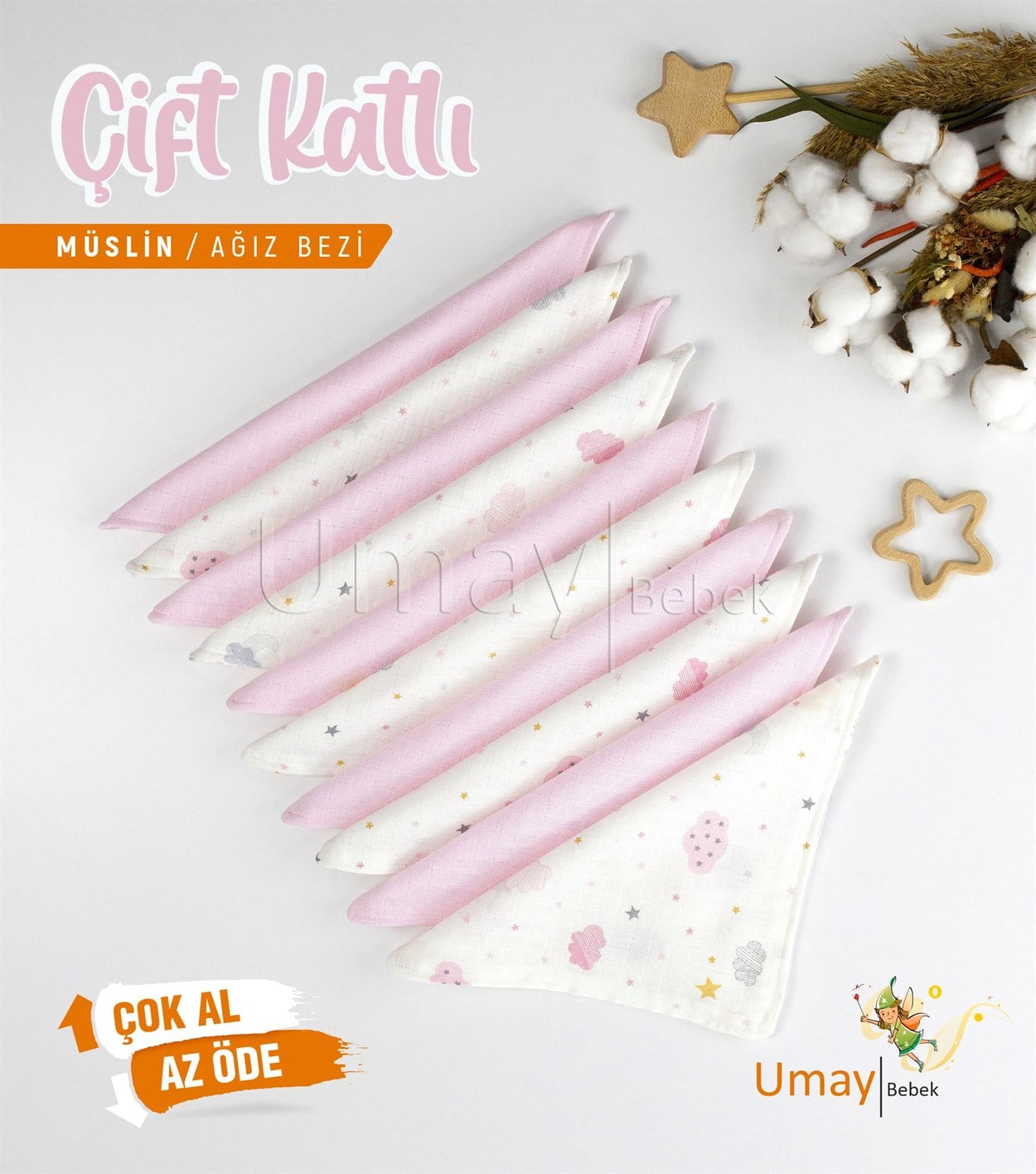 Umay Bebek10'lu Müslin Ağız Bezi - Pembe Bulut