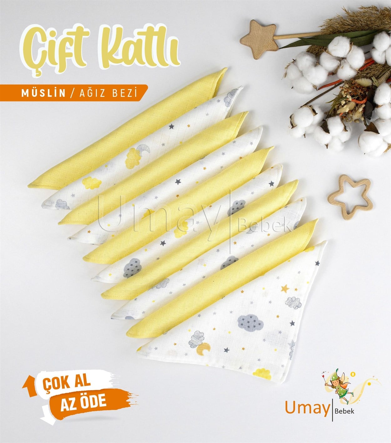 Umay Bebek10'lu Müslin Ağız Bezi - Sarı Bulut