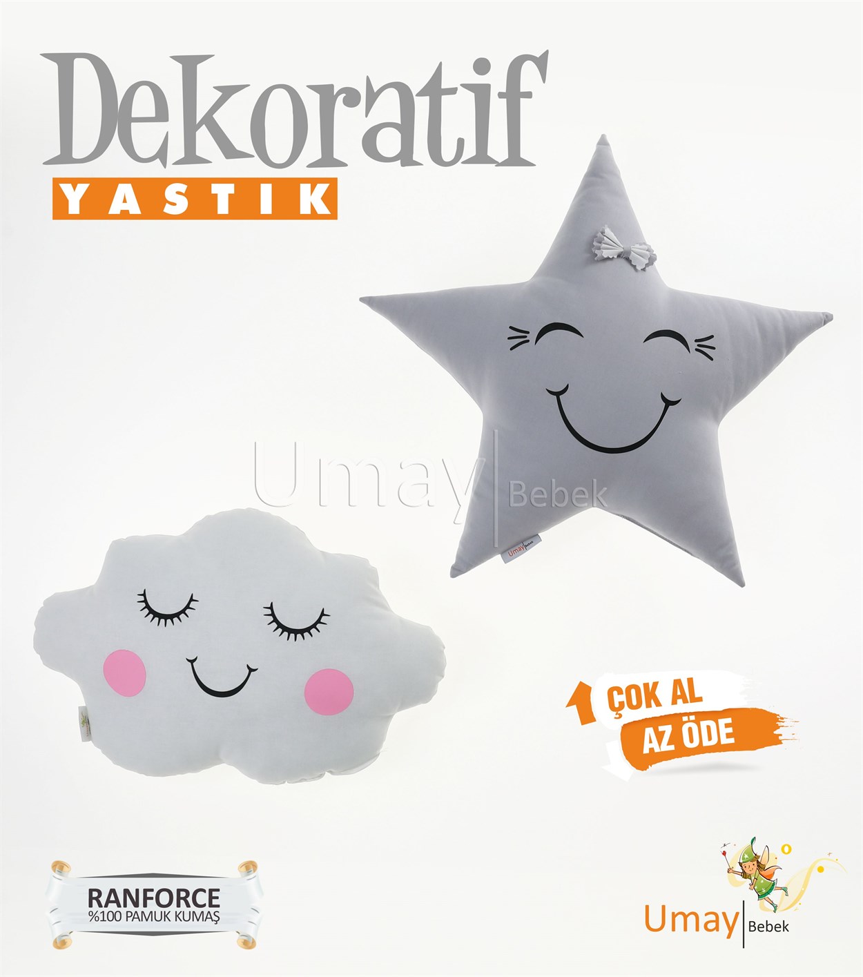 Umay Bebek2'li Dekoratif Bebek Yastığı %100 Pamuklu Kumaş - Gözü Kapalı Yıldız - Fiyonklu