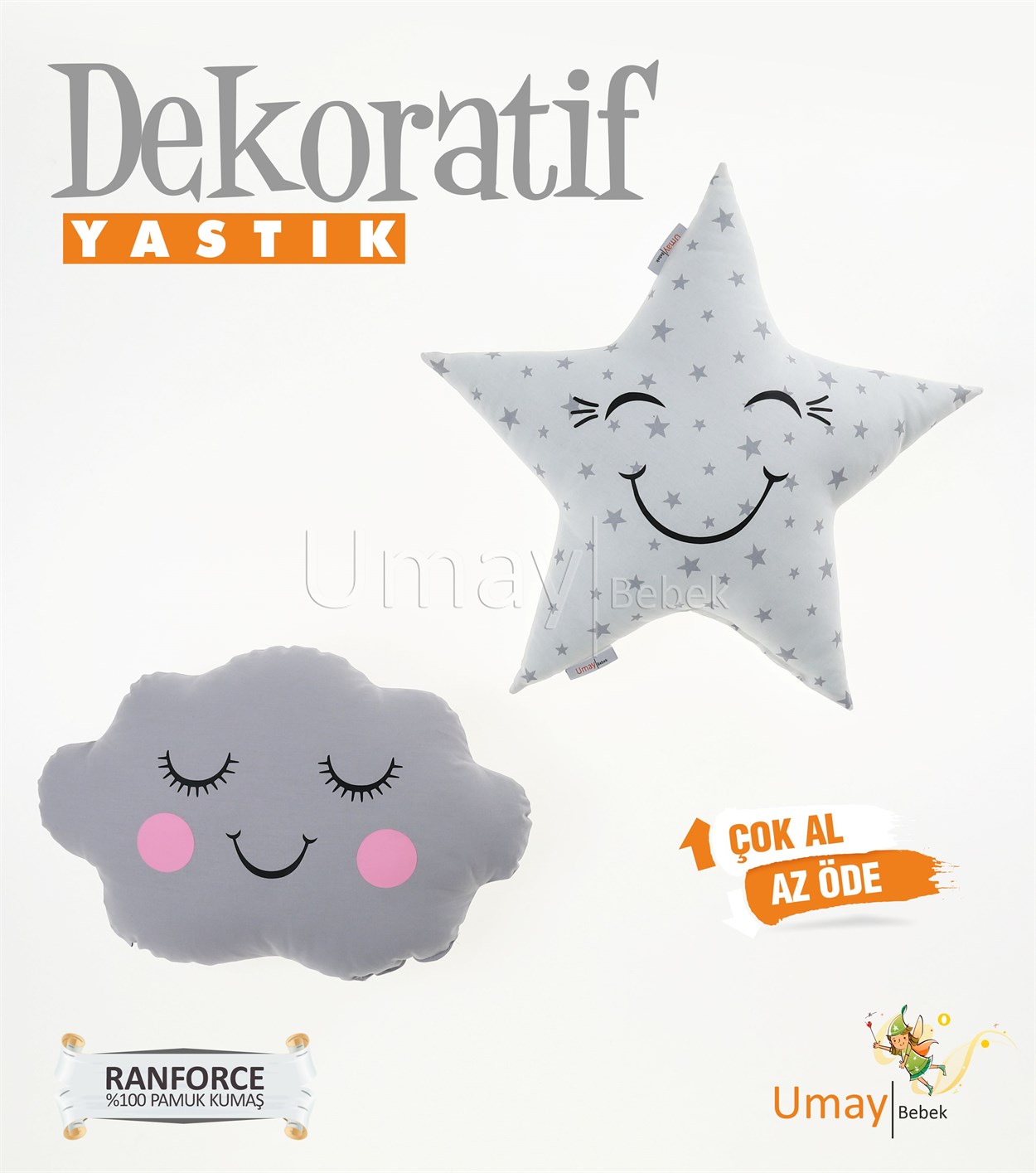 Umay Bebek2'li Dekoratif Bebek Yastığı %100 Pamuklu Kumaş - Gözü Kapalı Yıldız - Gri