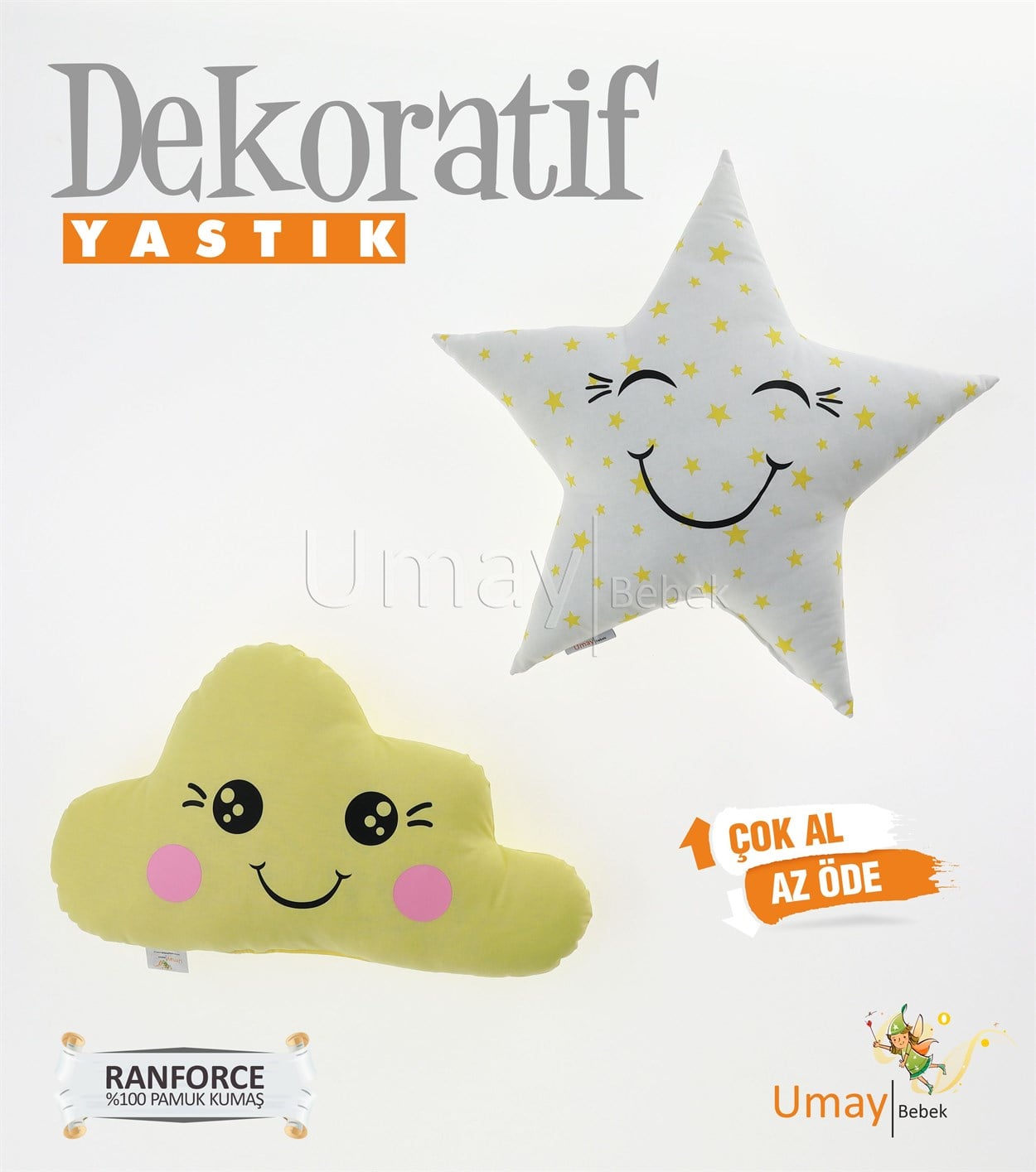 Umay Bebek2'li Dekoratif Bebek Yastığı %100 Pamuklu Kumaş - Gözü Açık Yıldız - Sarı