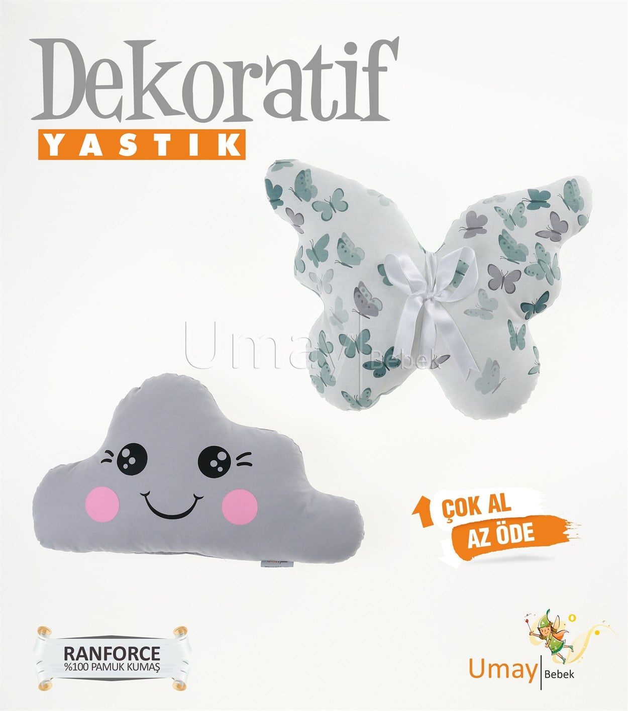 Umay Bebek2'li Dekoratif Bebek Yastığı %100 Pamuklu Kumaş - Gözü Açık Kelebek - Yeşil