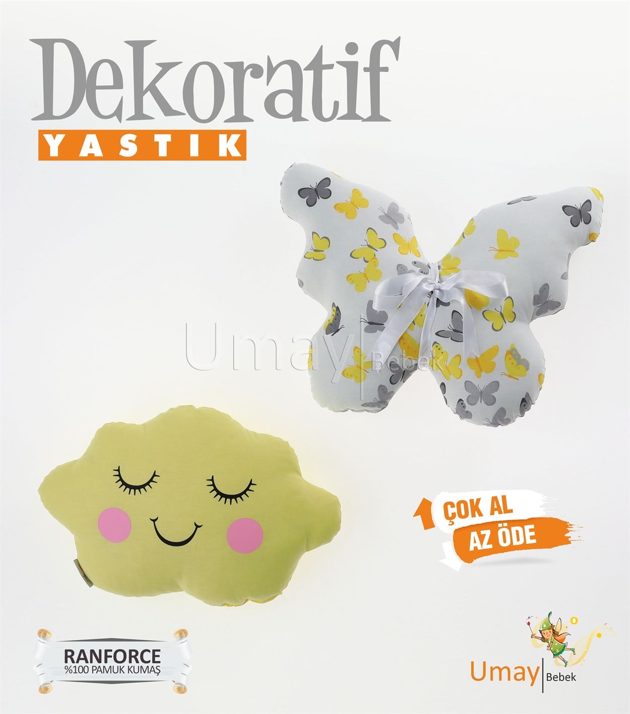 Umay Bebek2'li Dekoratif Bebek Yastığı %100 Pamuklu Kumaş - Gözü Kapalı Kelebek - Sarı