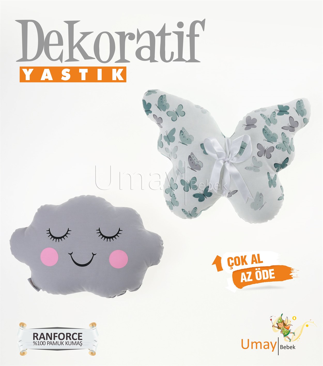Umay Bebek2'li Dekoratif Bebek Yastığı %100 Pamuklu Kumaş - Gözü Kapalı Kelebek - Yeşil