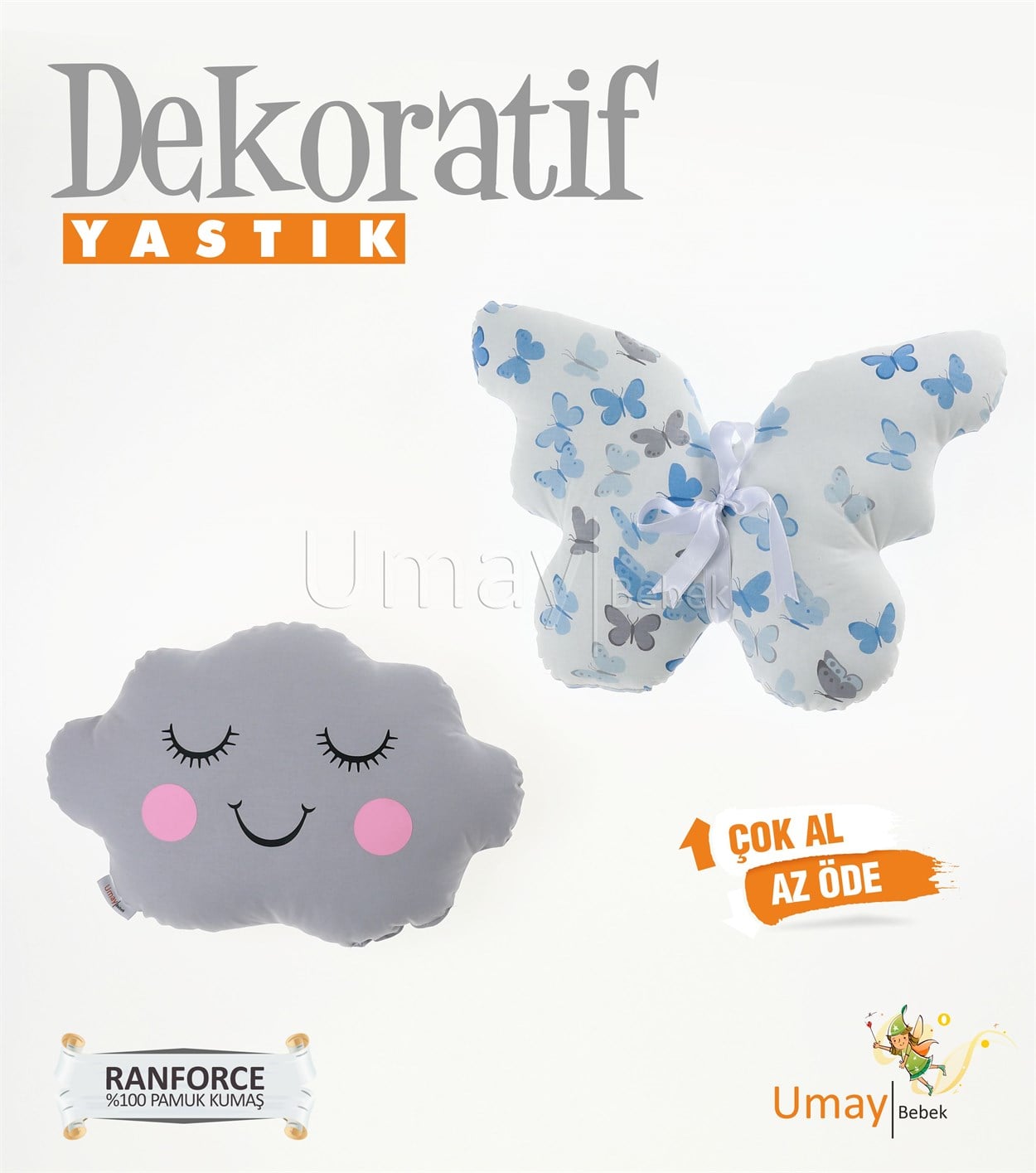 Umay Bebek2'li Dekoratif Bebek Yastığı %100 Pamuklu Kumaş - Gözü Kapalı Kelebek - Mavi/Gri