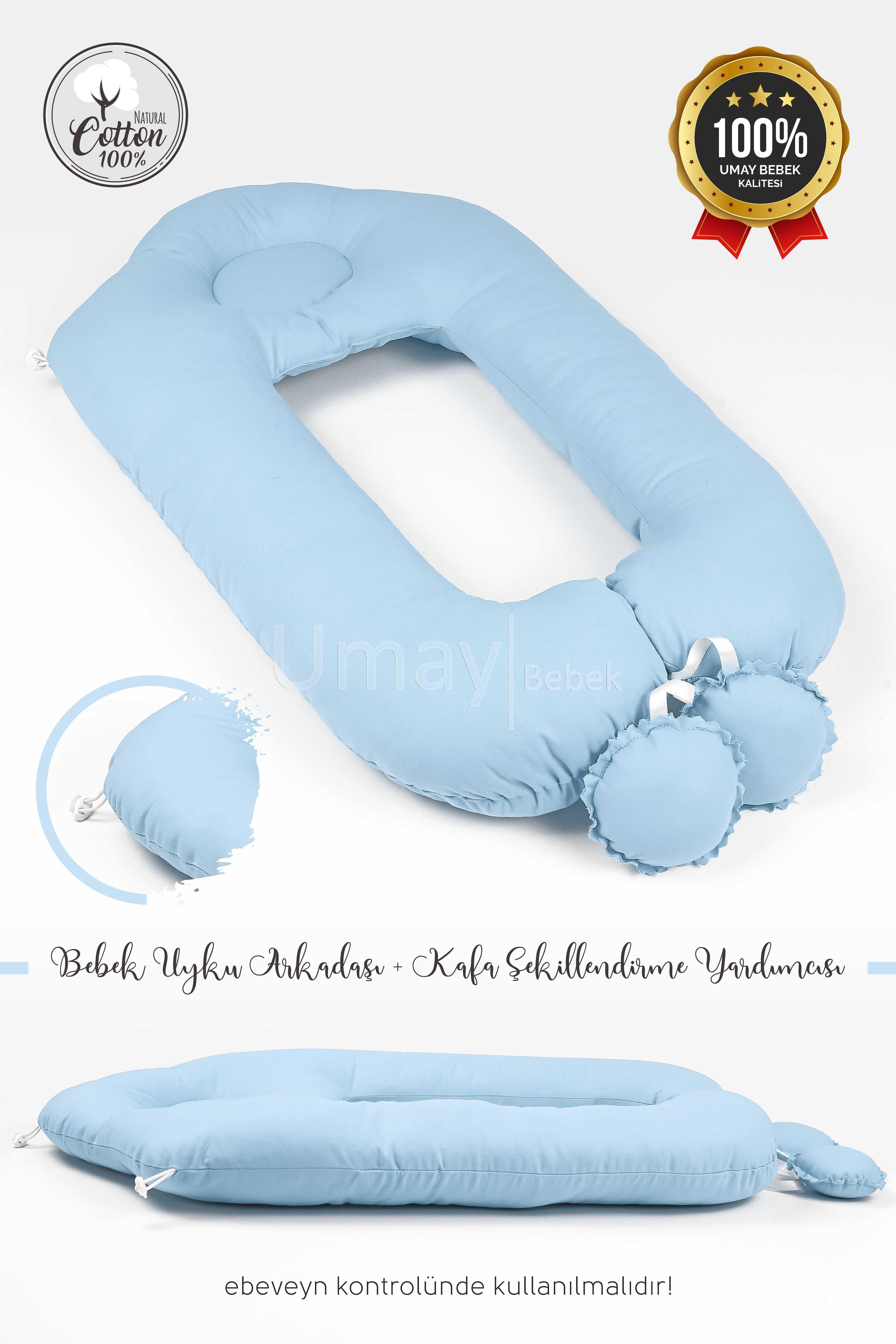 Umay Bebek2'si 1 Arada Bebek Sarılma Ve Şekillendirme Yastığı, Düz Kafa Yastığı %100 Pamuk Kumaş - Mavi