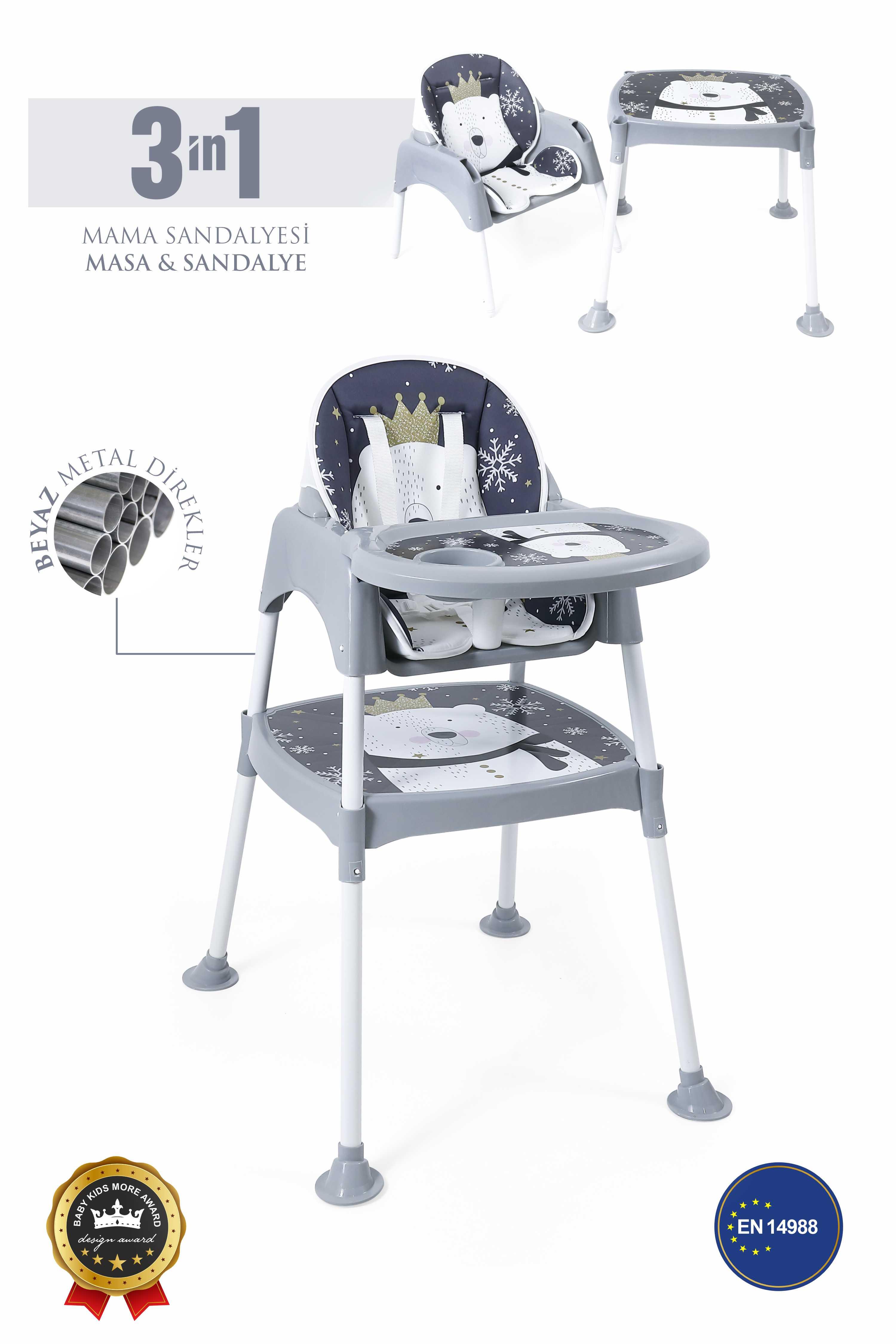 Umay Bebek3in1 Çalışma Masası, Mama Sandalyesi, Masa, Sandalye - Panda Desenli