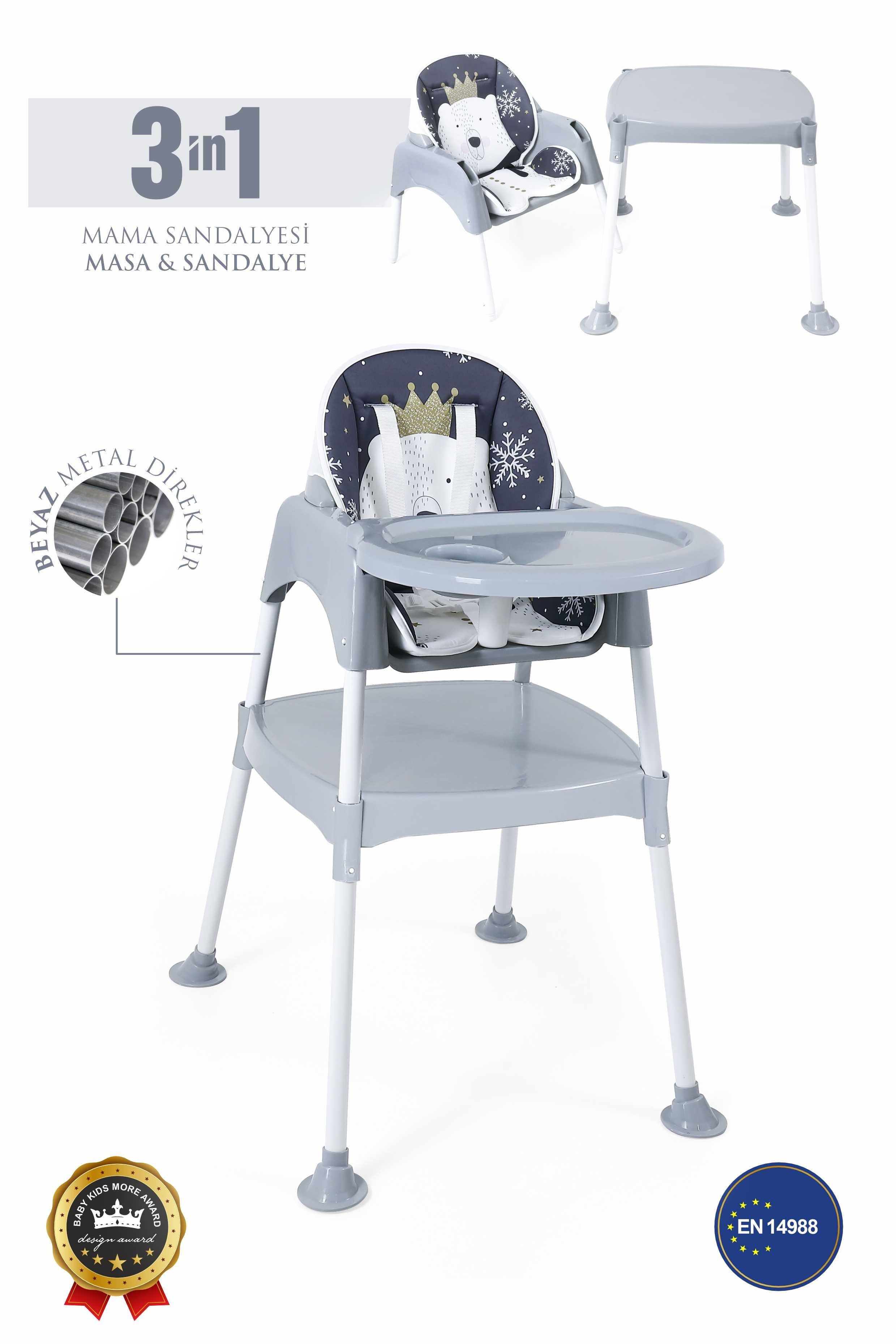 Umay Bebek3in1 Çalışma Masası, Mama Sandalyesi, Masa, Sandalye - Gri