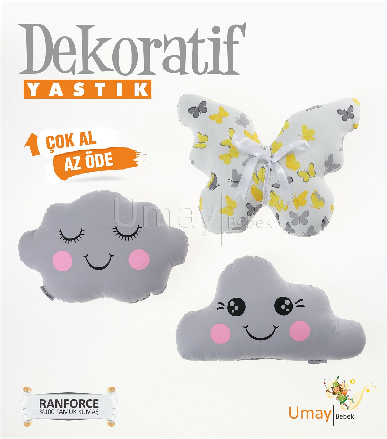 Umay Bebek3'lü Dekoratif Bebek Yastığı %100 Pamuklu Kumaş - Gri/Sarı Kelebek 