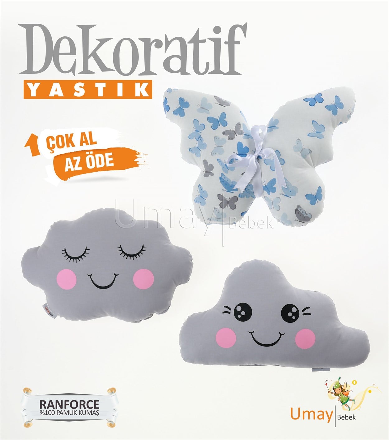 Umay Bebek3'lü Dekoratif Bebek Yastığı %100 Pamuklu Kumaş - Mavi/Gri Kelebek 