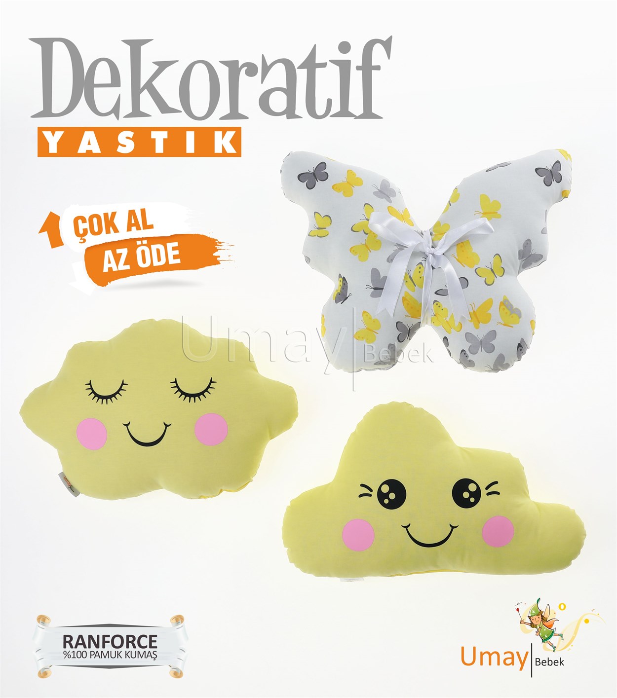 Umay Bebek3'lü Dekoratif Bebek Yastığı %100 Pamuklu Kumaş - Sarı Kelebek 