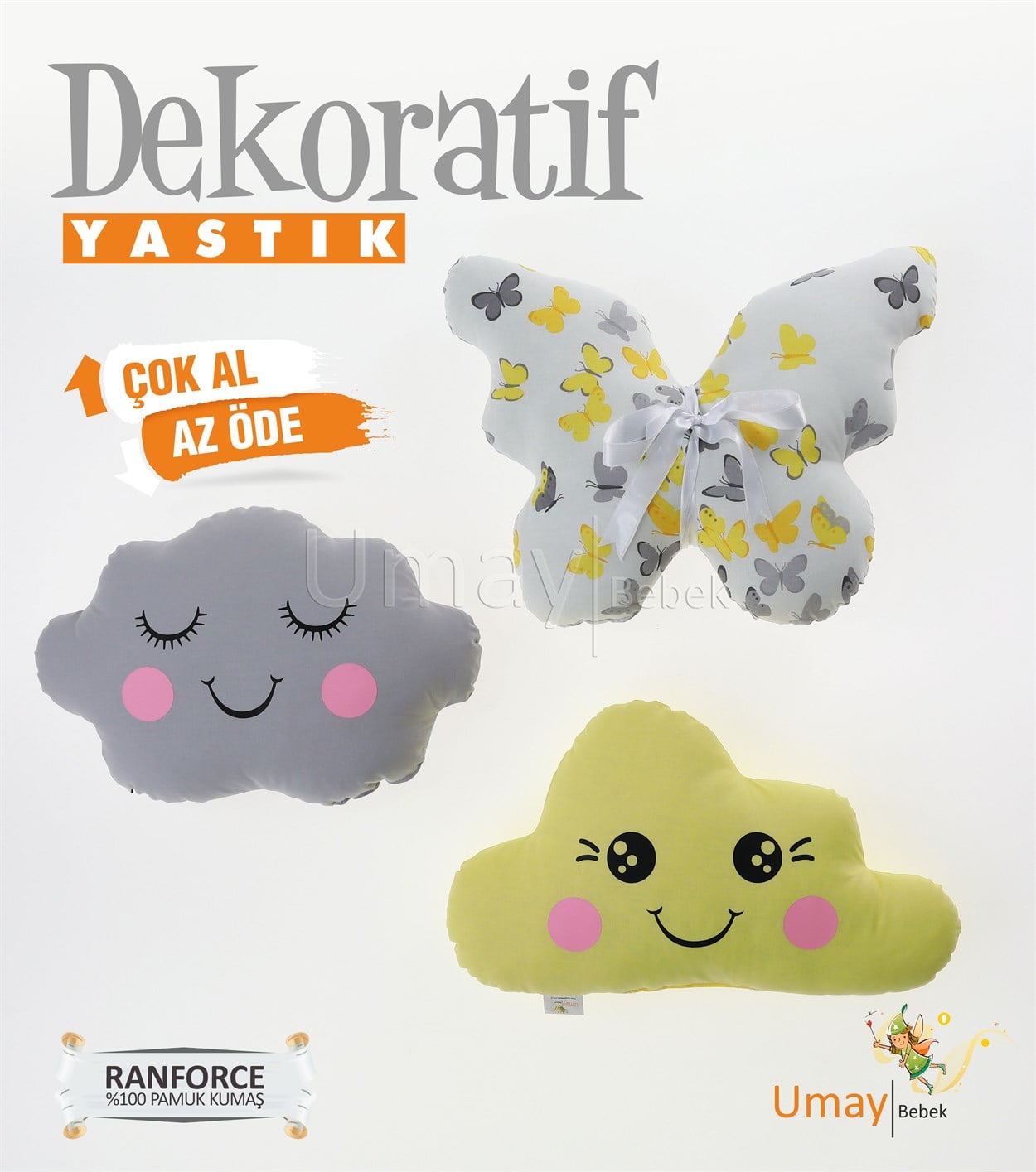 Umay Bebek3'lü Dekoratif Bebek Yastığı %100 Pamuklu Kumaş - Sarı/Gri Kelebek 