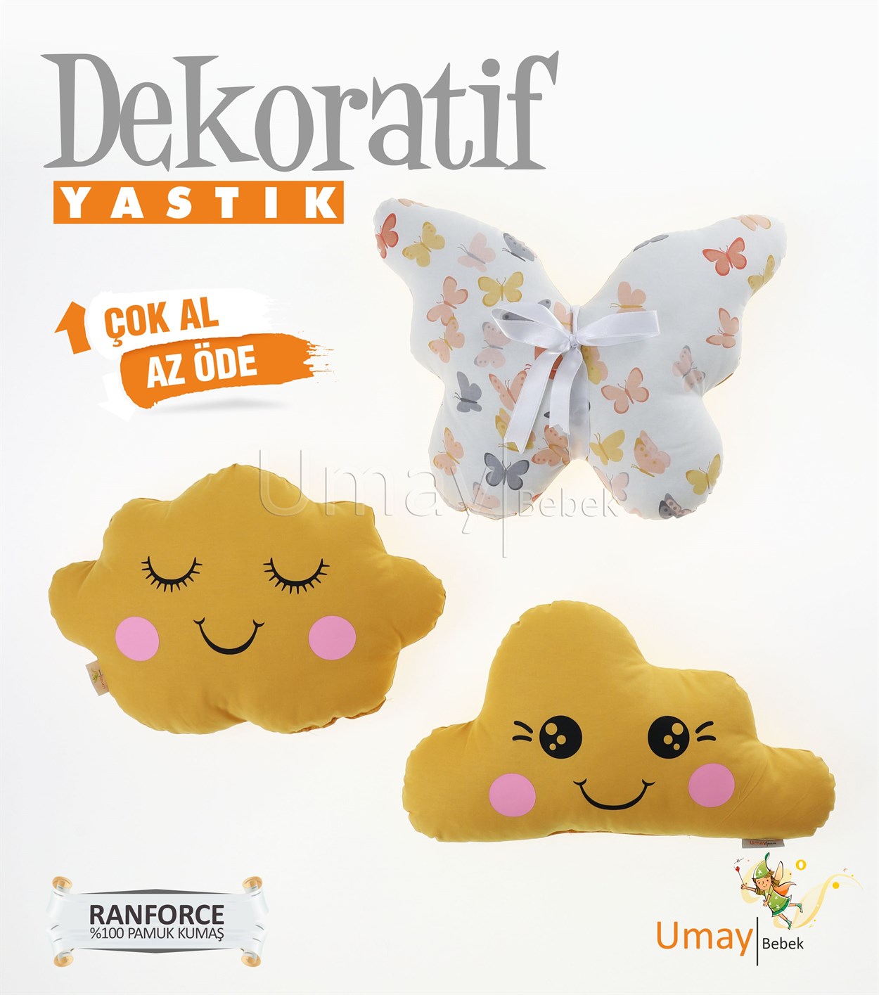 Umay Bebek3'lü Dekoratif Bebek Yastığı %100 Pamuklu Kumaş - Hardal Kelebek 