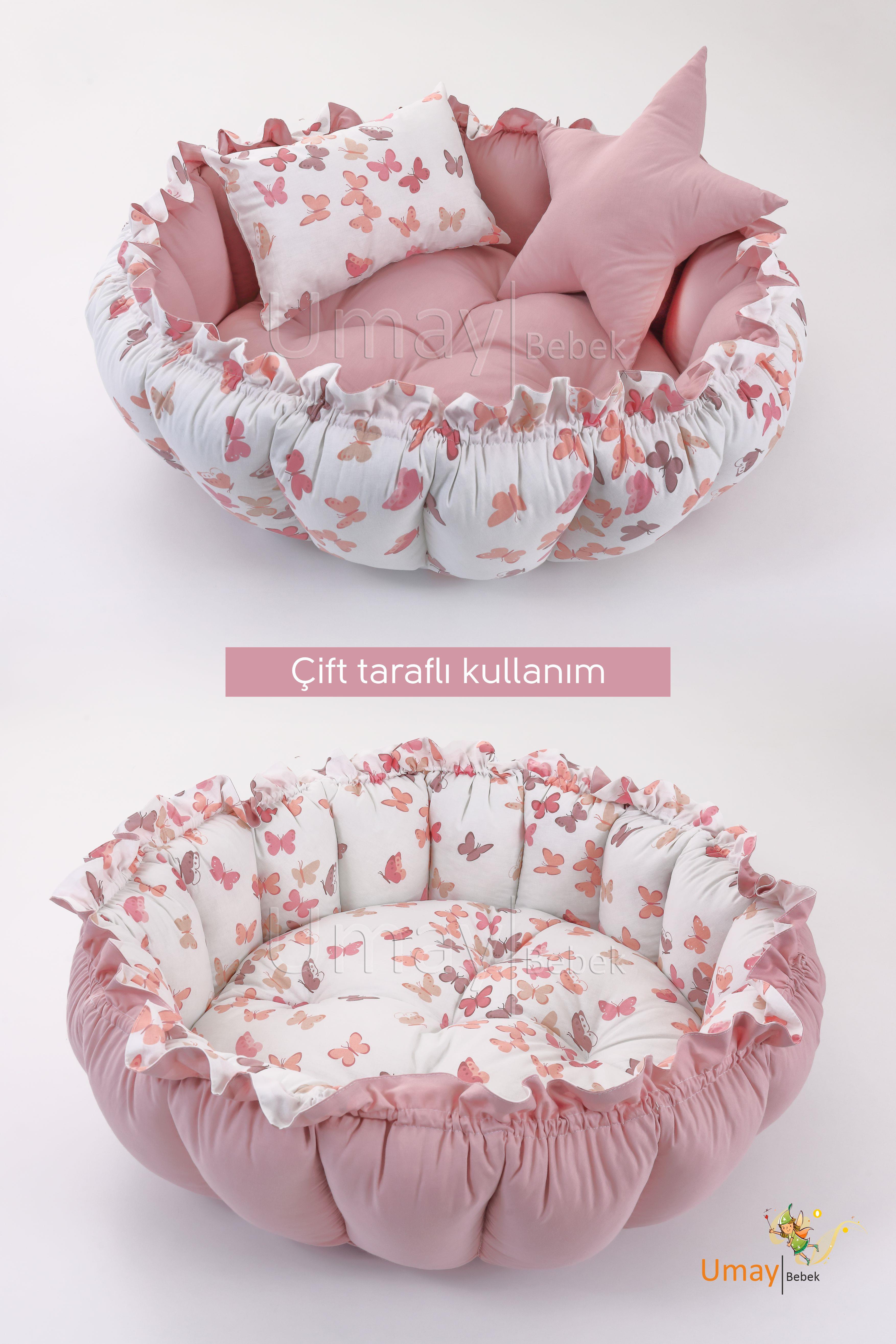 Umay Bebek3'lü Set Yatak Ve Yastık, Yuvarlak Babynest, Oyun Halısı, Bebek Yatak - Pudra Kelebek