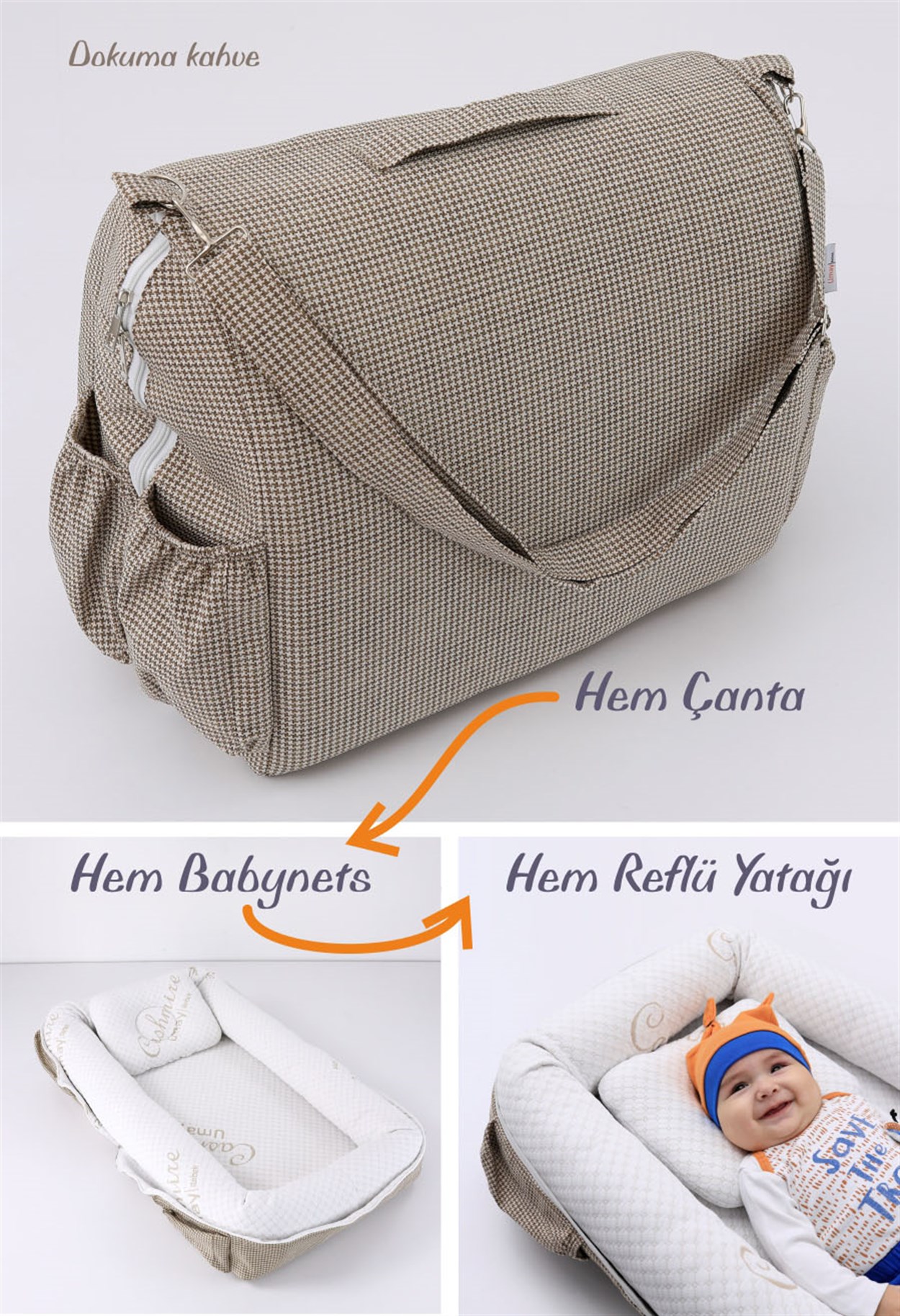 Umay Bebek3n1 Reflü yatağı, Babynest,Anne Çantası Dokuma Kahvet Outlet
