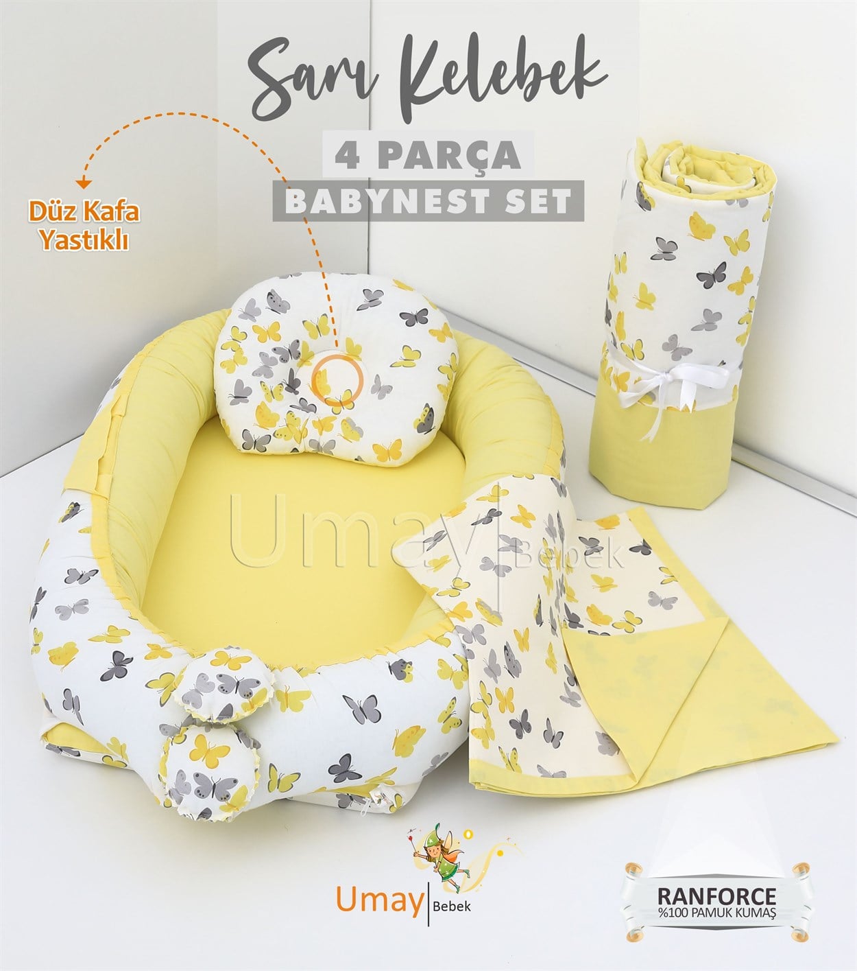 Umay Bebek4 parça babynest, bebek pikesi, yorganı - Sarı Kelebek