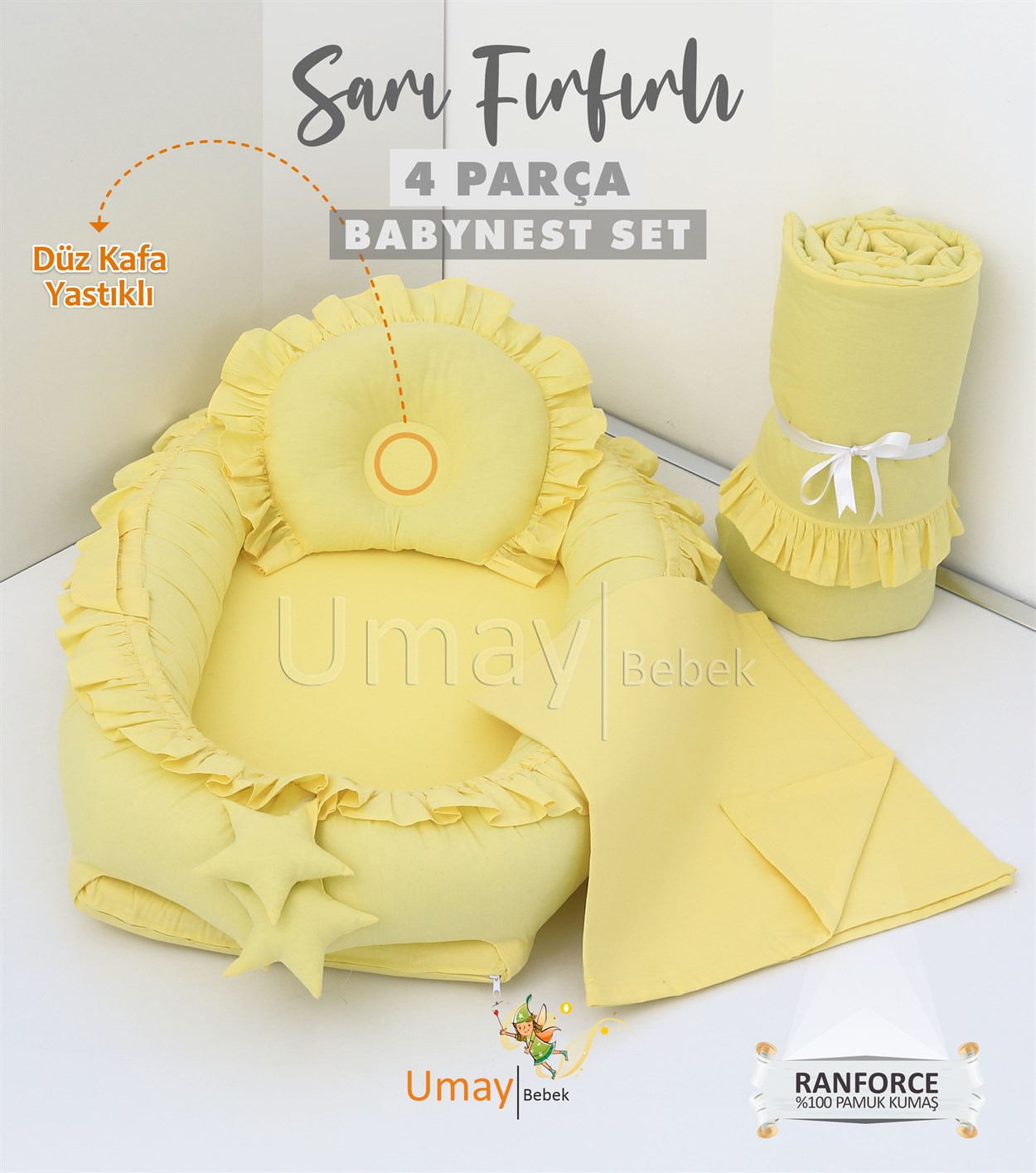 Umay Bebek4 parça babynest, bebek pikesi, yorganı - Sarı Fırfırlı