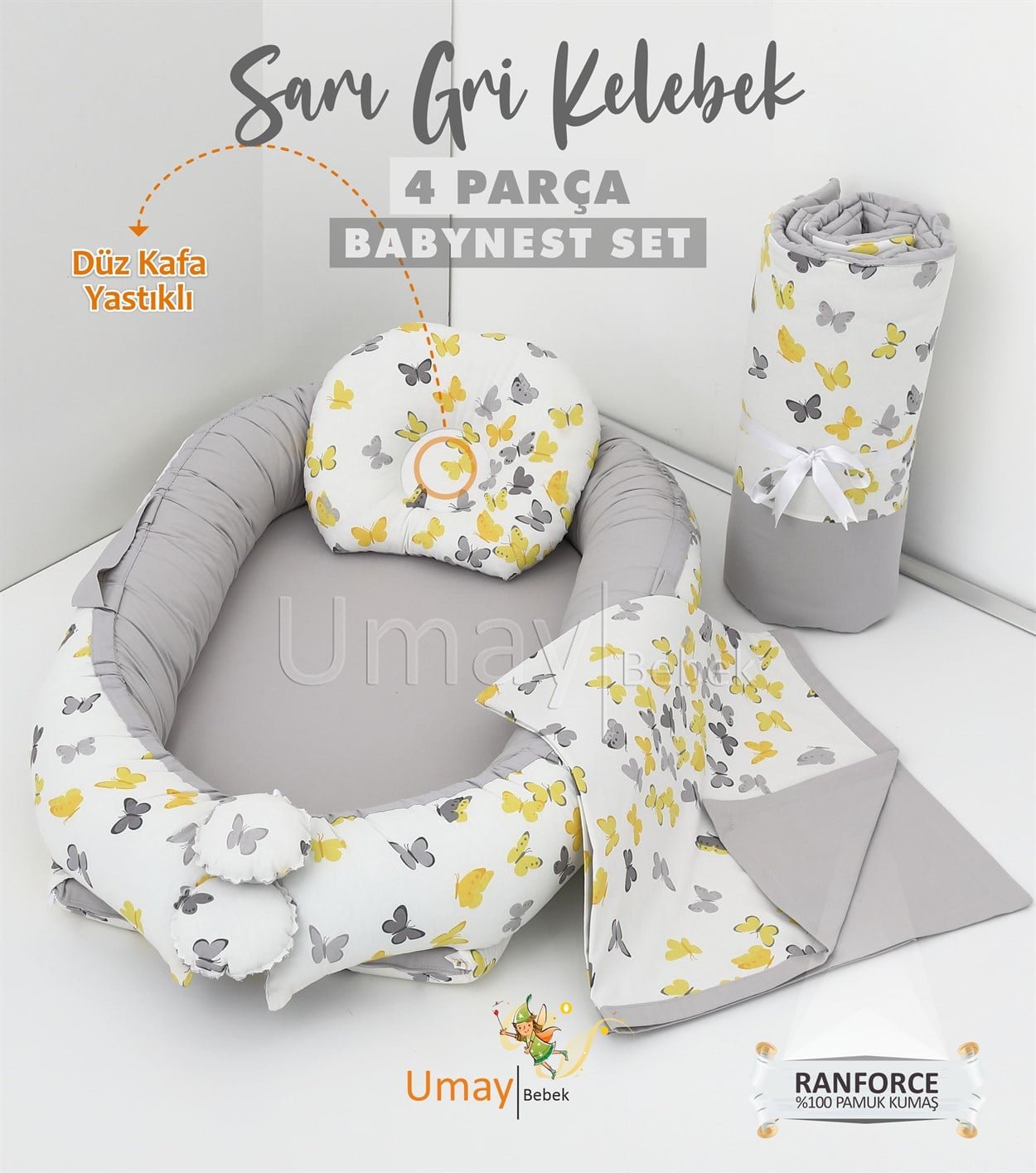 Umay Bebek4 parça babynest, bebek pikesi, yorganı - Sarı/Gri Kelebek