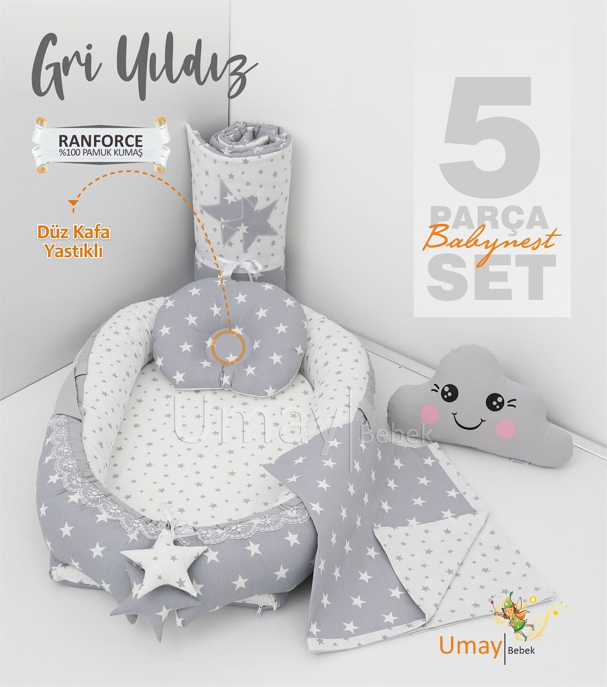 Umay Bebek5 parça Babynest, bebek pikesi, yorganı, dekoratif gülen yastık - Gri Yıldız
